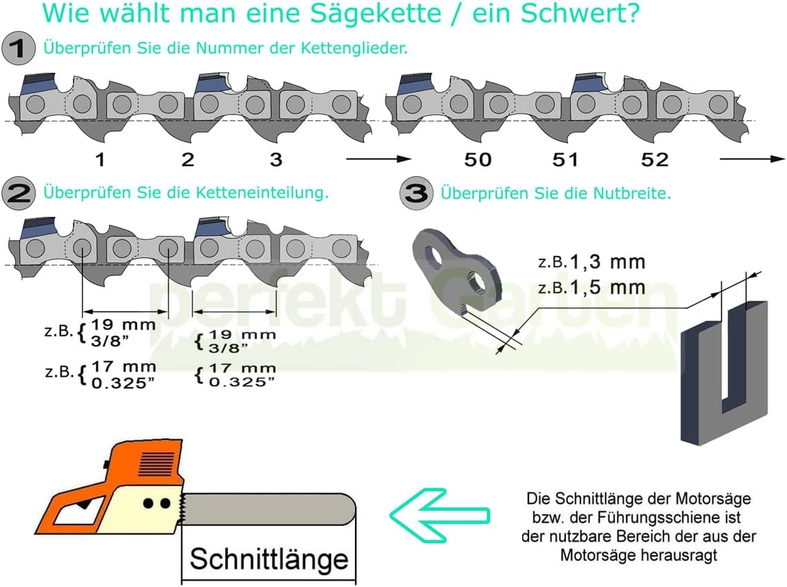 2 X Sägekette 45cm; 1,3mm; 3/8"; 62 TG kompatibel mit Gardebruk 2800 Watt/Powerworks PC82CS 82V Kettensäge