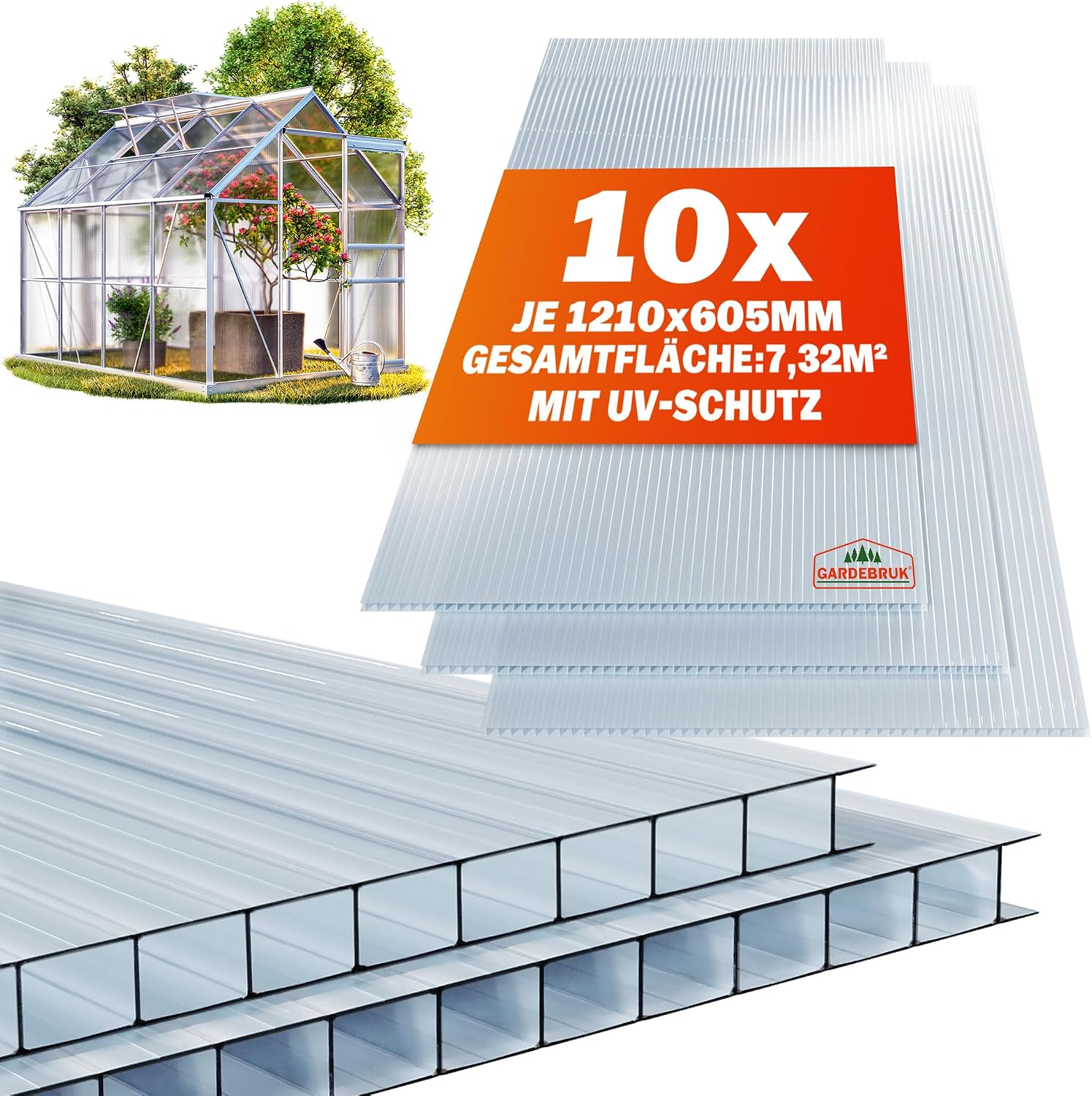 GARDEBRUK® 10x Doppelstegplatten 6mm Zuschneidbar 121x60,5cm Polycarbonat 7,3m2 UV-beständig Klar Hohlkammerplatten Gewächshaus Platten Stegplatten