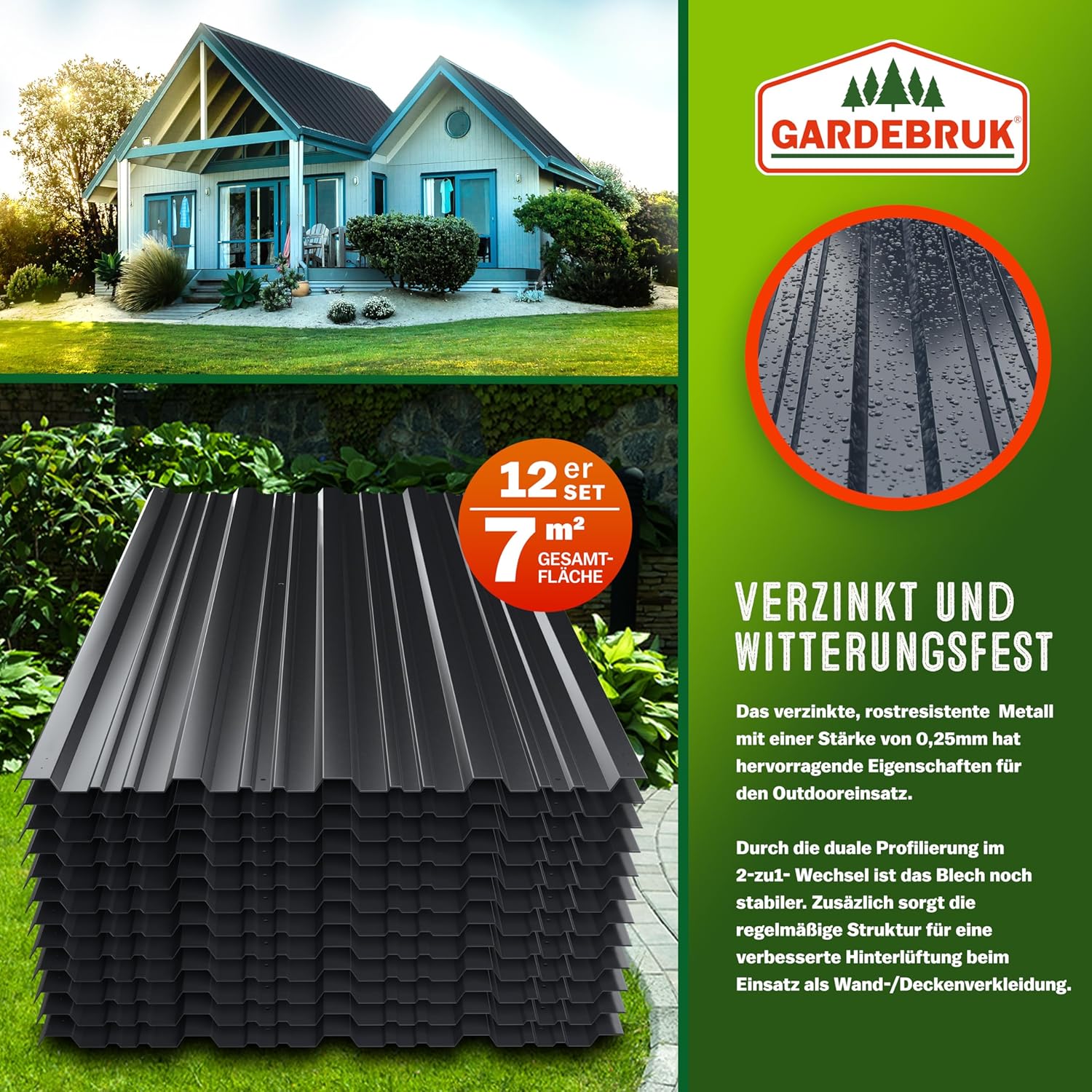 GARDEBRUK® 12x Trapezblech 129x46cm = 7m2 verzinkt Profilblech Dachblech Wellblech Dachplatten Gerätehaus Carport anthrazit — Ansicht 2