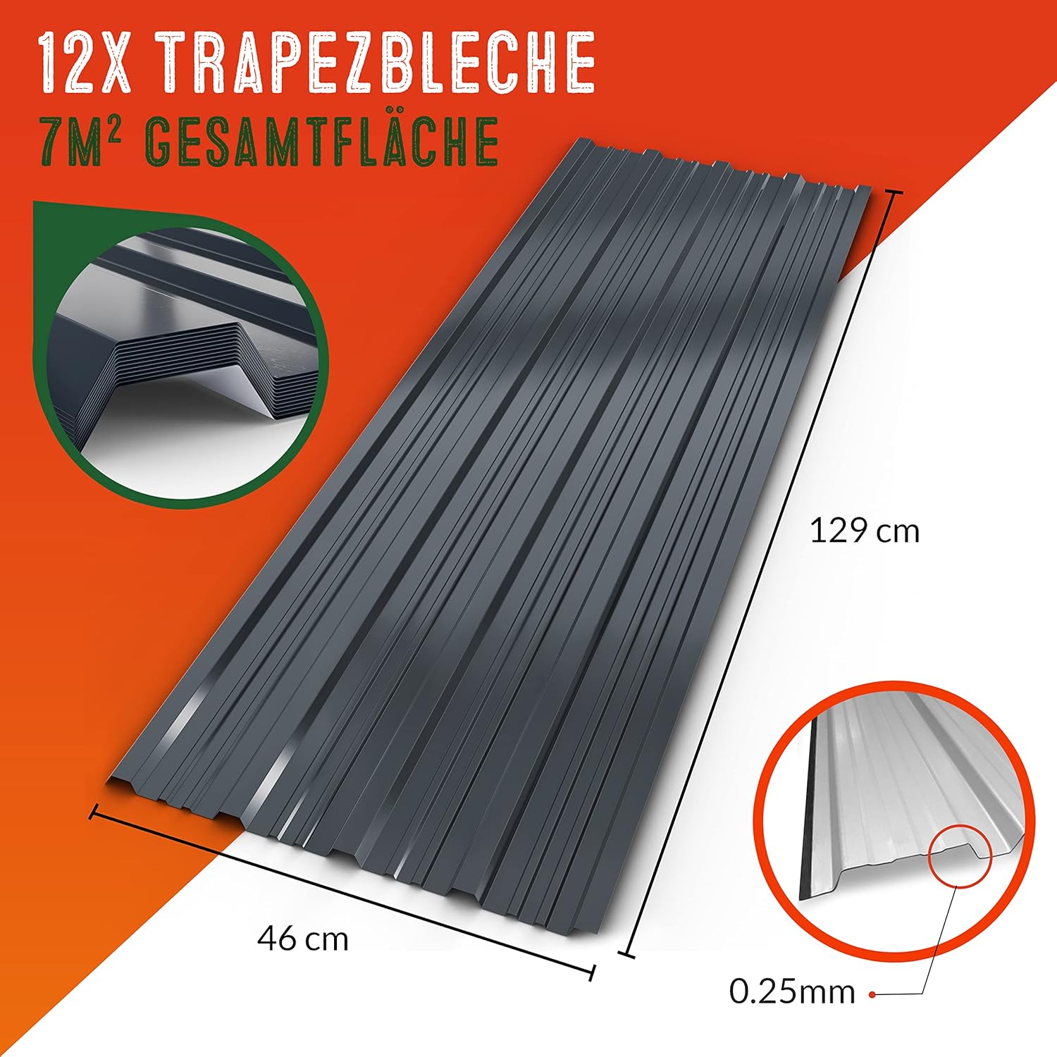GARDEBRUK® 12x Trapezblech 129x46cm = 7m2 Verzinkt Rostresistent Wetterfest Profilblech Dachblech Wellblech Dachplatten Gerätehaus Carport Anthrazit — Ansicht 5