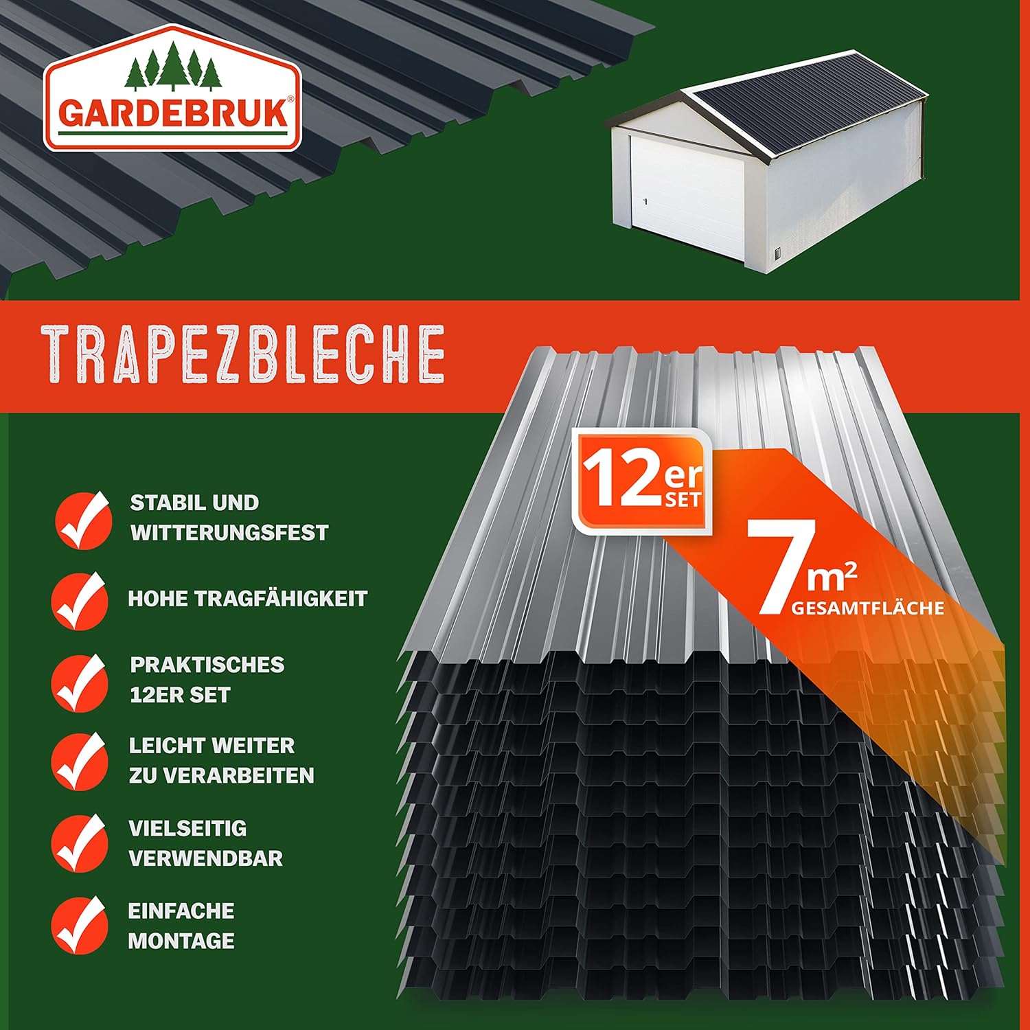 GARDEBRUK® 12x Trapezblech 129x46cm = 7m2 Verzinkt Rostresistent Wetterfest Profilblech Dachblech Wellblech Dachplatten Gerätehaus Carport Anthrazit — Ansicht 6
