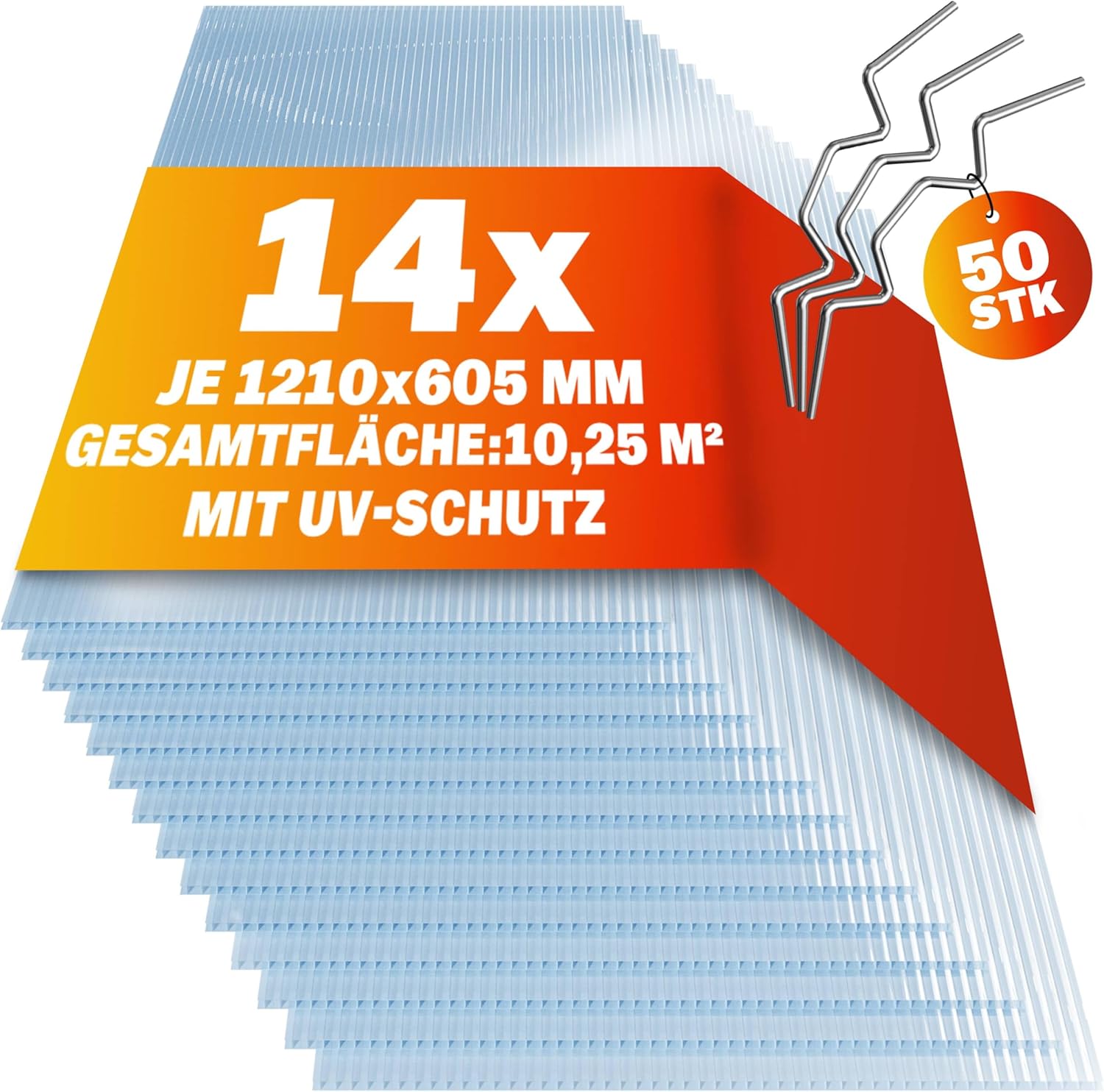 Gardebruk 14x Polycarbonat Hohlkammerstegplatten 4mm 50x Edelstahl Gewächshausklammern 10,25 m2 Doppelstegplatte 1210x605 Stegplatte Gewächshausplatte — Ansicht 2