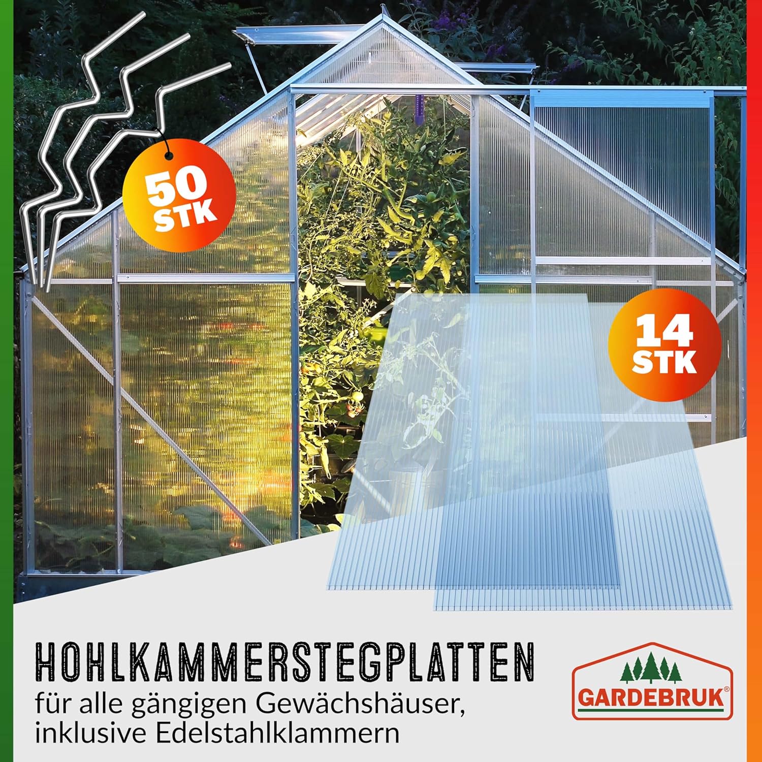 Gardebruk 14x Polycarbonat Hohlkammerstegplatten 4mm 50x Edelstahl Gewächshausklammern 10,25 m2 Doppelstegplatte 1210x605 Stegplatte Gewächshausplatte — Ansicht 4