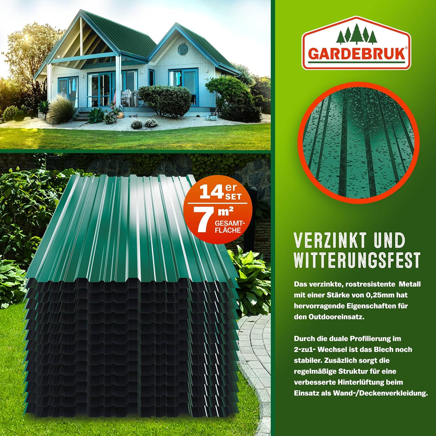 GARDEBRUK® 14x Trapezblech 110x46cm = 7m2 Verzinkt Rostresistent Wetterfest Profilblech Dachblech Wellblech Dachplatten Gerätehaus Carport Grün — Ansicht 2