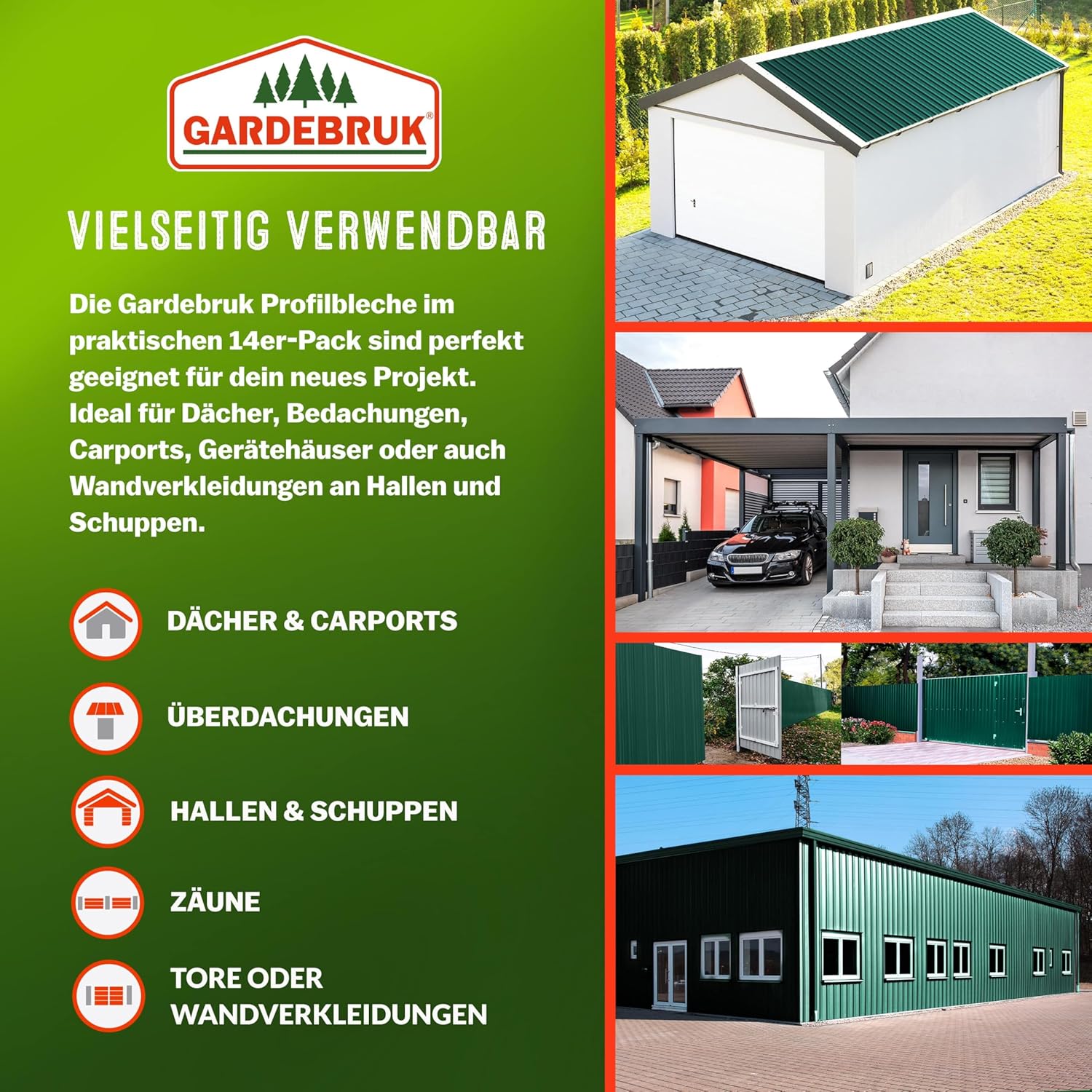 GARDEBRUK® 14x Trapezblech 110x46cm = 7m2 Verzinkt Rostresistent Wetterfest Profilblech Dachblech Wellblech Dachplatten Gerätehaus Carport Grün — Ansicht 3
