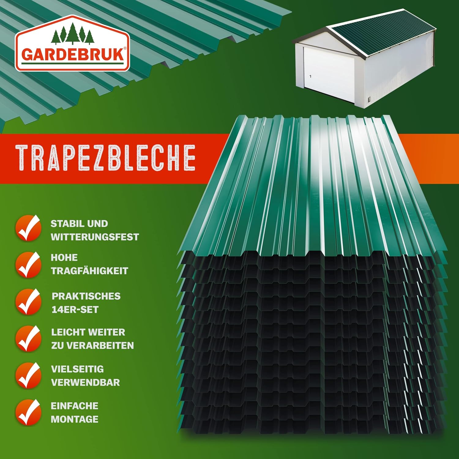 GARDEBRUK® 14x Trapezblech 110x46cm = 7m2 Verzinkt Rostresistent Wetterfest Profilblech Dachblech Wellblech Dachplatten Gerätehaus Carport Grün — Ansicht 5