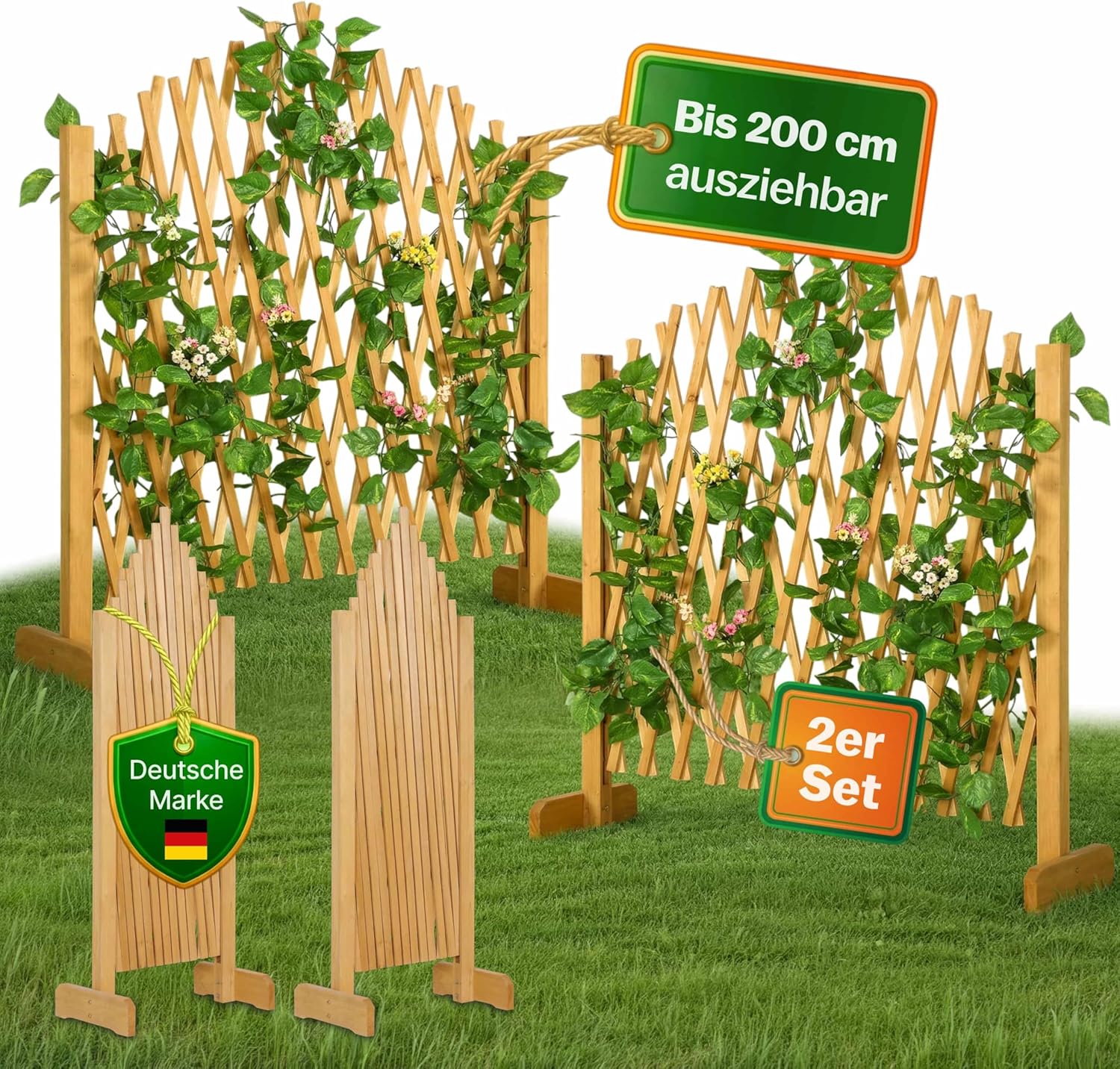 GARDEBRUK® 2er Set Rankgitter Gartenzaun bis 200cm ausziehbar faltbar Garten Balkon Spalier Rankhilfe Holzzaun Pflanzengitter — Ansicht 2