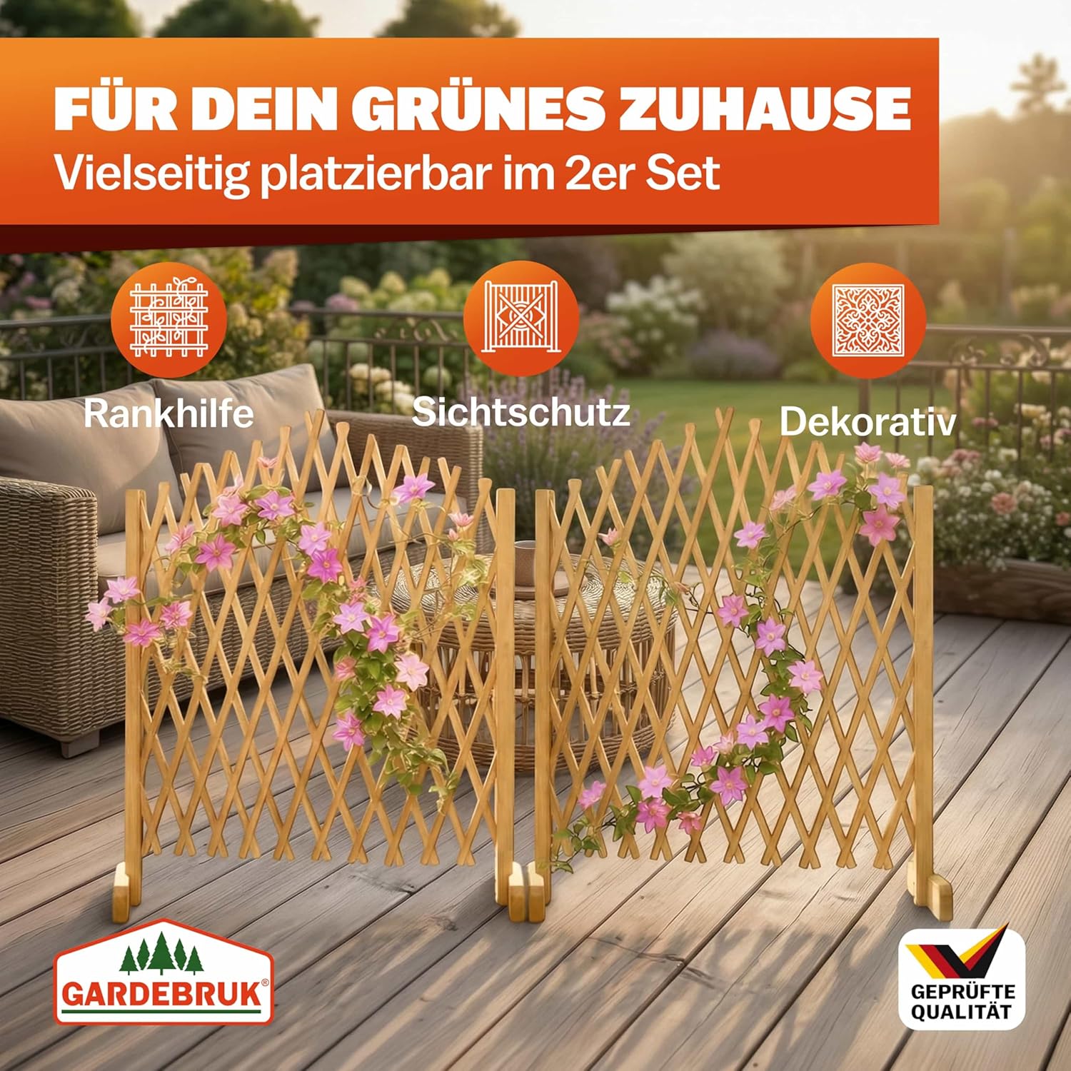 GARDEBRUK® 2er Set Rankgitter Gartenzaun bis 200cm ausziehbar faltbar Garten Balkon Spalier Rankhilfe Holzzaun Pflanzengitter — Ansicht 3