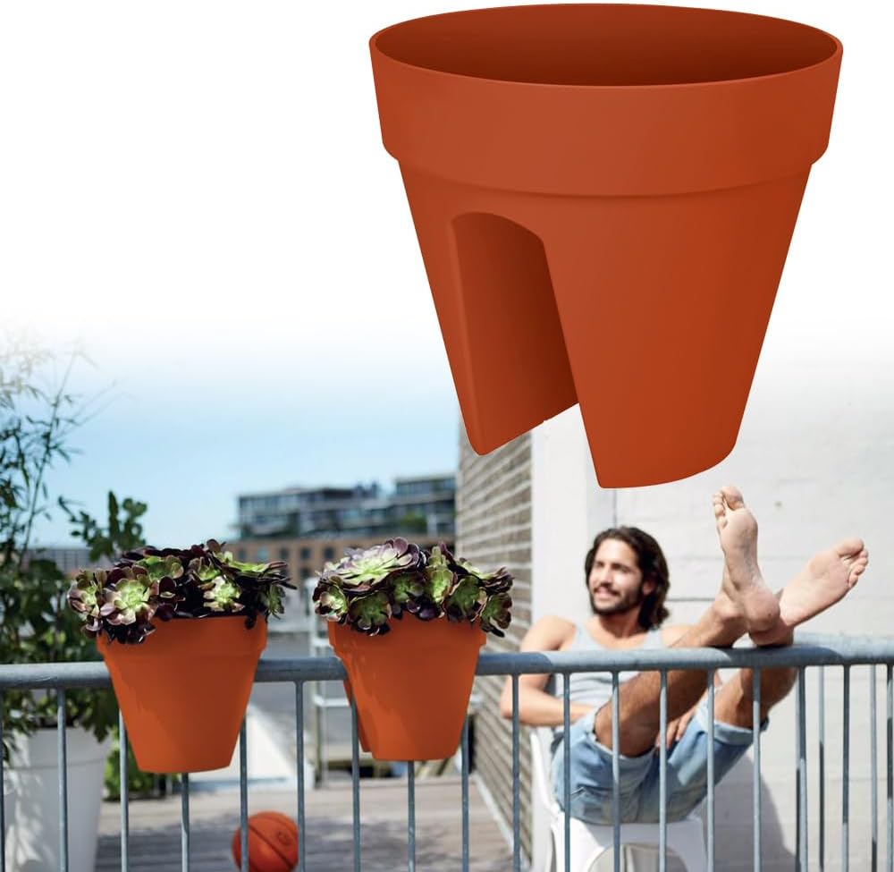 Gardebruk® 2X Blumentopf loft urban Balkonhalterung 29x26cm Überlaufrohre Rund Blumenkasten Pflanzkasten Balkonkasten Übertopf Pflanzkübel Terracotta — Ansicht 2