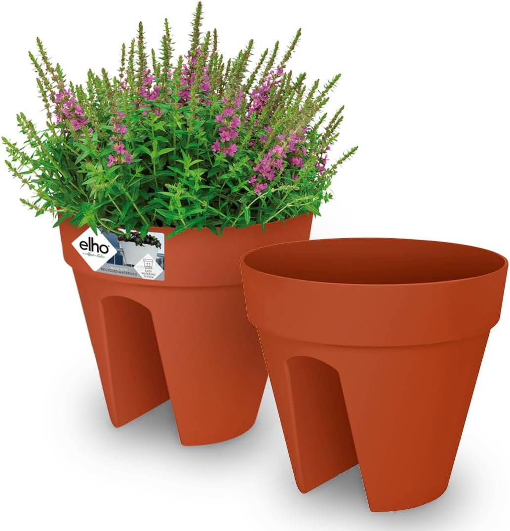 Gardebruk® 2X Blumentopf loft urban Balkonhalterung 29x26cm Überlaufrohre Rund Blumenkasten Pflanzkasten Balkonkasten Übertopf Pflanzkübel Terracotta