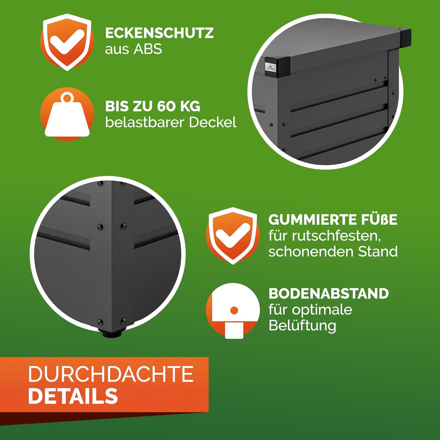 Gardebruk® Auflagenbox 385L Volumen Metall Abschließbar Gasdruckfeder 120x62cm Wetterfest Garten Balkon Keller Gartenbox Gartentruhe Anthrazit — Ansicht 6