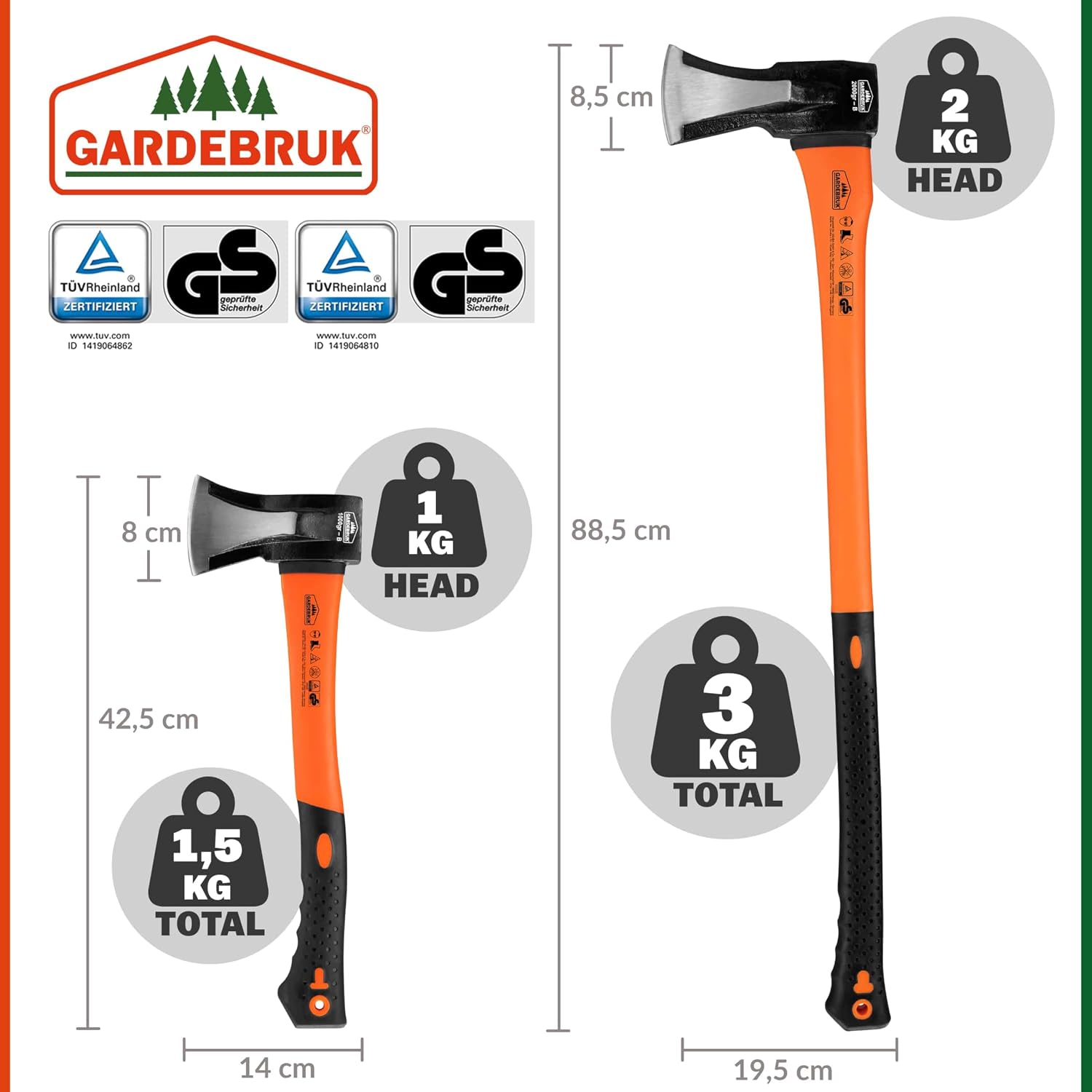 Gardebruk® Axt 2 kg Beil 1 kg Set ergonomischer Handgriff Gummischutz Universal Spaltaxt Spaltbeil Spalthammer Holzspalter — Ansicht 2