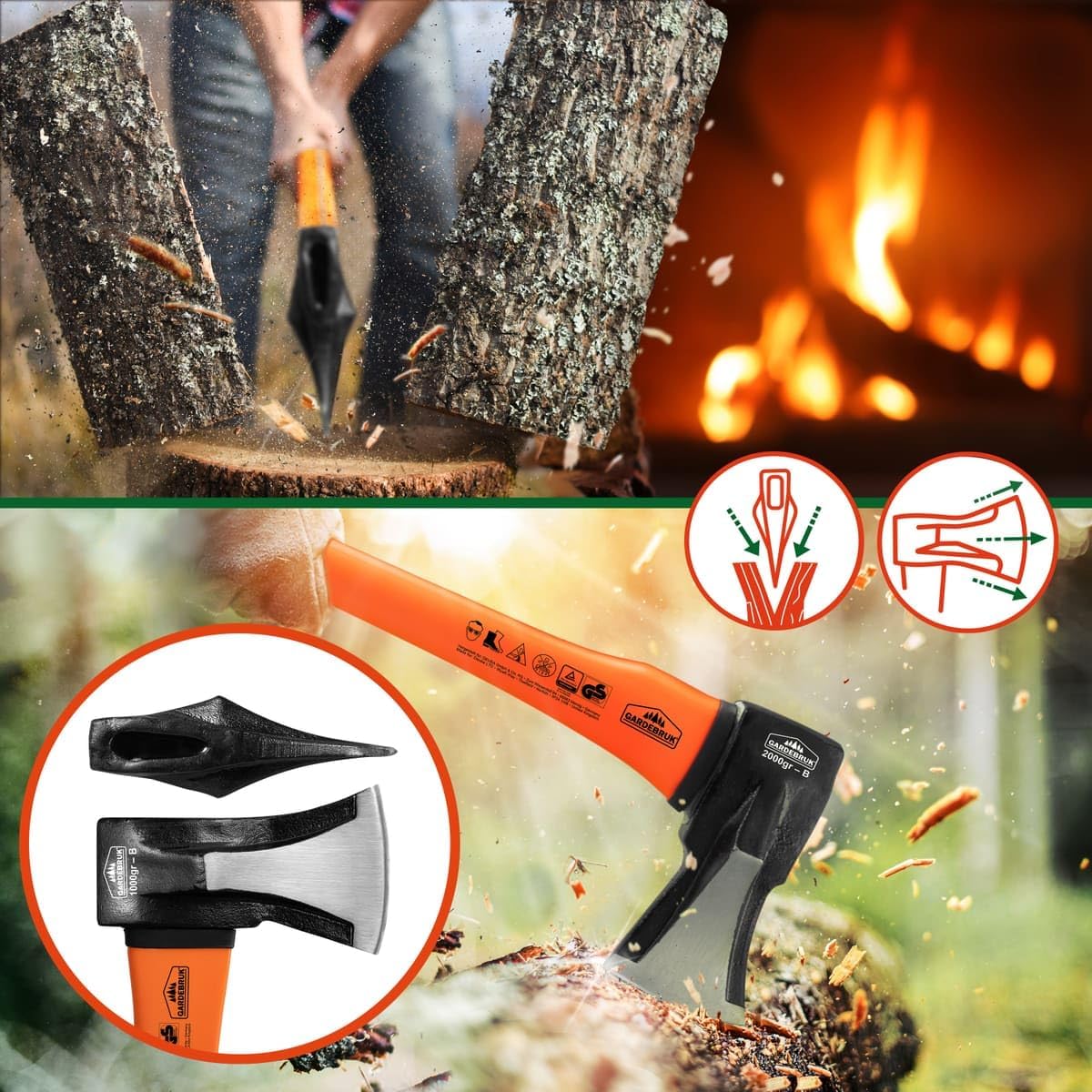 Gardebruk® Axt 2 kg Beil 1 kg Set ergonomischer Handgriff Gummischutz Universal Spaltaxt Spaltbeil Spalthammer Holzspalter — Ansicht 4