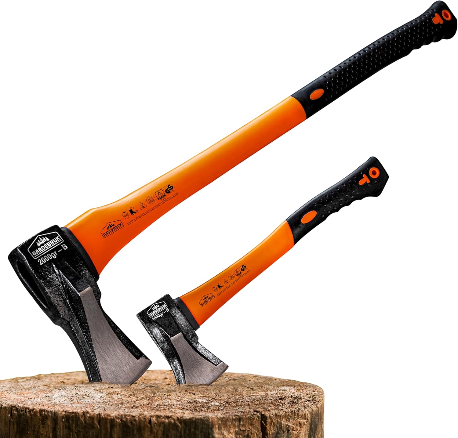 Gardebruk® Axt 2 kg Beil 1 kg Set ergonomischer Handgriff Gummischutz Universal Spaltaxt Spaltbeil Spalthammer Holzspalter