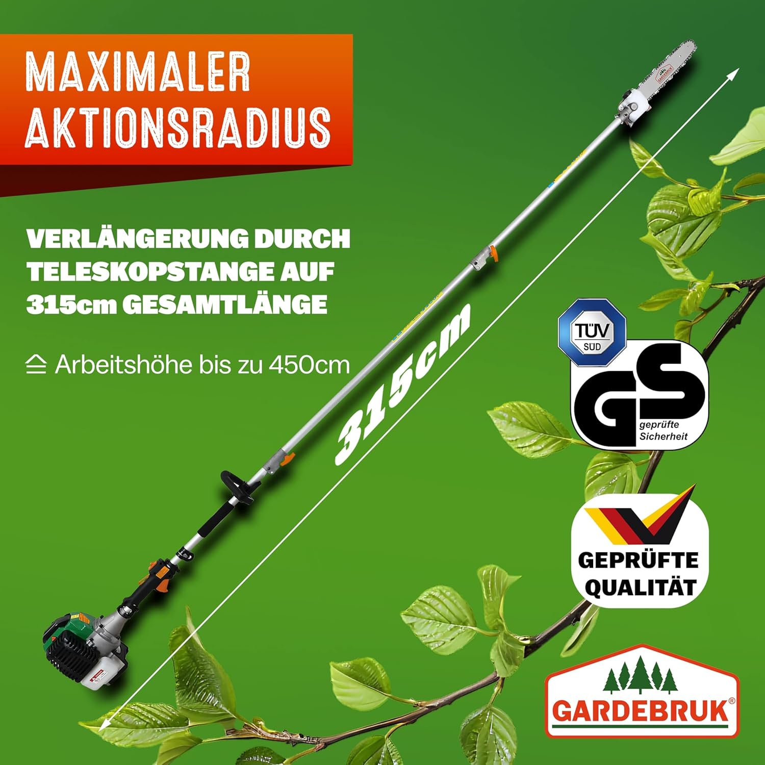 GARDEBRUK® Benzin Motorsense Freischneider 5 in 1 Heckenschere Rasentrimmer Hochentaster 2 PS Tragegurt verstellbar 1m Verlängerung — Ansicht 3