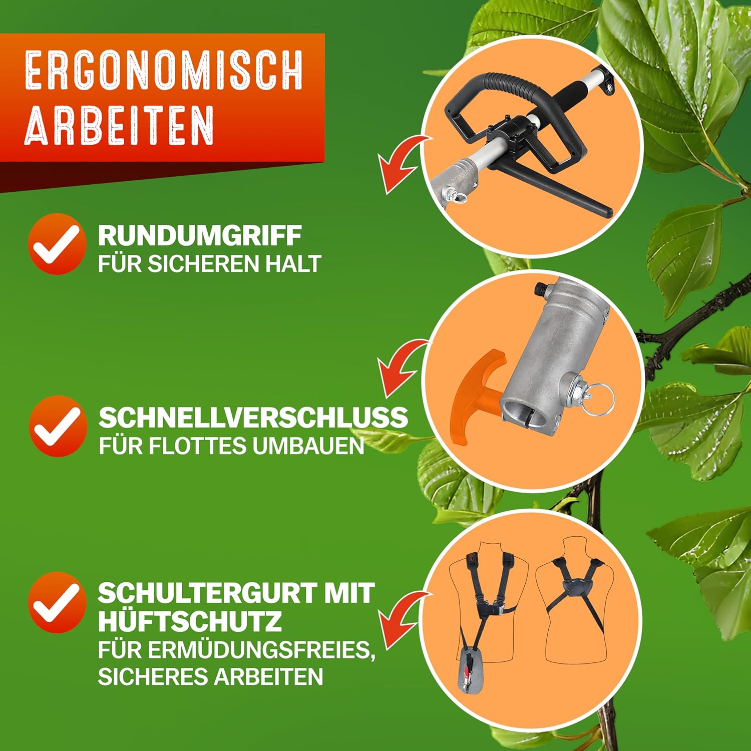 GARDEBRUK® Benzin Motorsense Freischneider 5 in 1 Heckenschere Rasentrimmer Hochentaster 2 PS Tragegurt verstellbar 1m Verlängerung — Ansicht 6