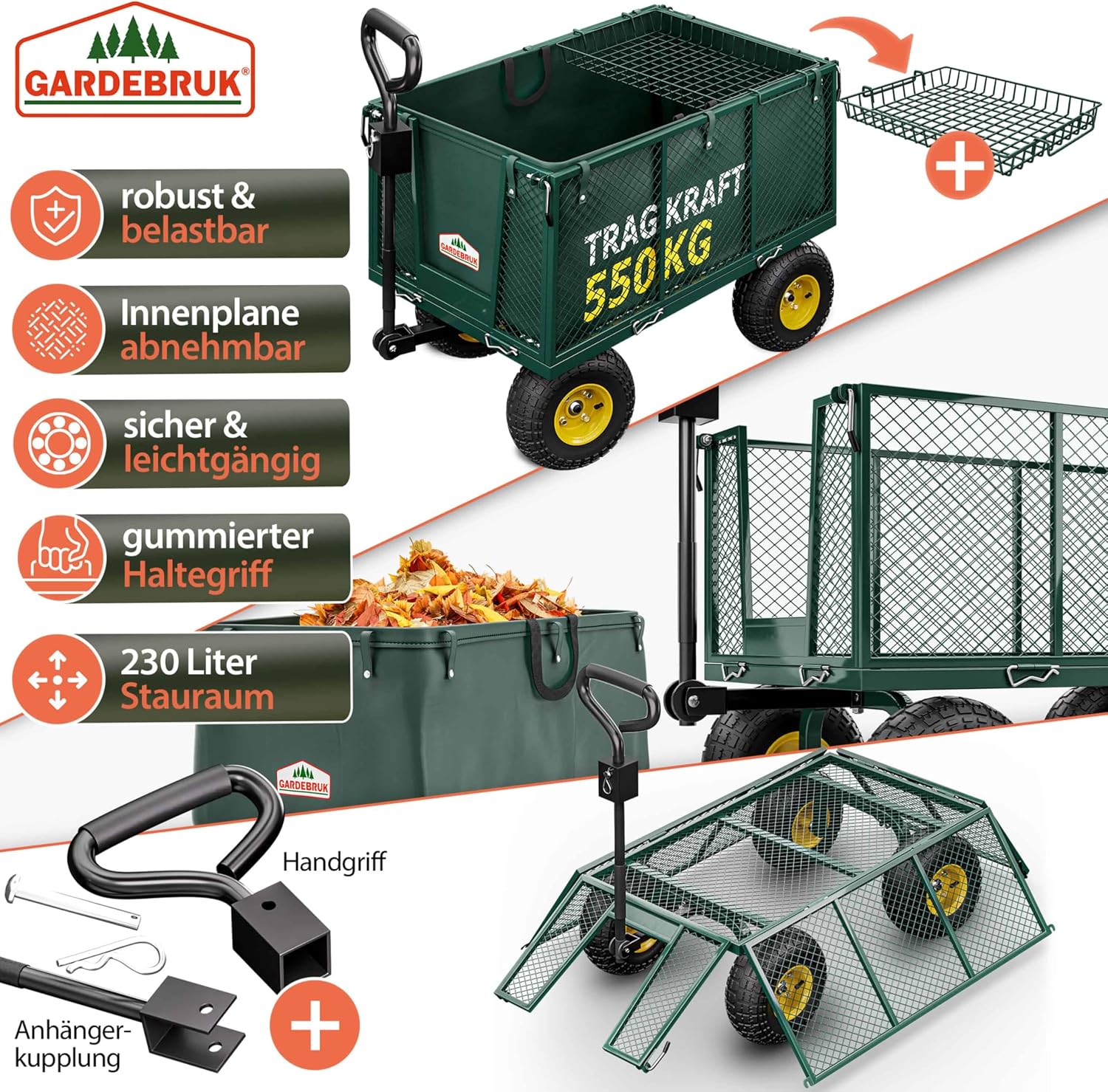 GARDEBRUK® Bollerwagen 550kg Belastbar Klappbar Stabil Herausnehmbare Plane Gerätewagen Handwagen Garten Gartenkarre Gartenwagen Transportwagen Karre — Ansicht 2
