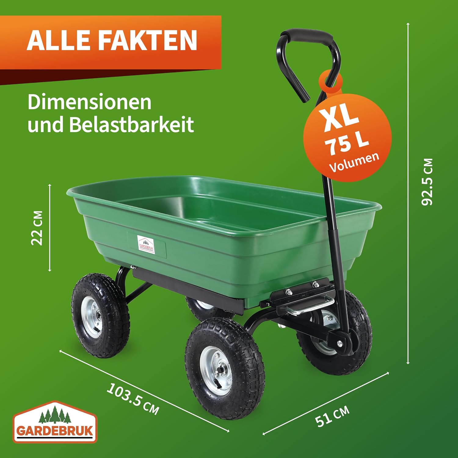 GARDEBRUK® Bollerwagen mit Kippfunktion 300kg Belastbar 4 Profil Gelände Räder Luftbereift Lenkachse 75L Groß Transportwagen Handwagen Gartenwagen — Ansicht 3