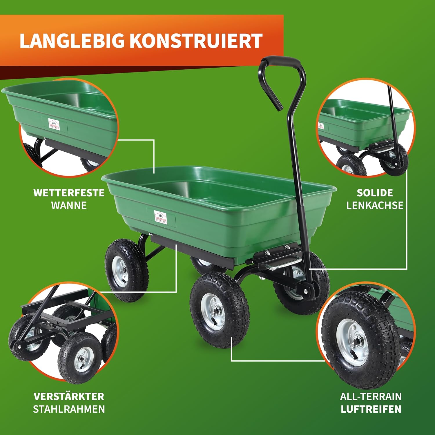 GARDEBRUK® Bollerwagen mit Kippfunktion 300kg Belastbar 4 Profil Gelände Räder Luftbereift Lenkachse 75L Groß Transportwagen Handwagen Gartenwagen — Ansicht 5