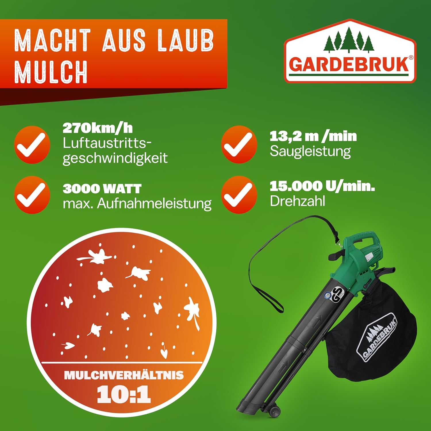 GARDEBRUK® Elektro Laubsauger 3 in 1 3000W Schultergurt 270km/h Rollen 45L Fangsack Laubbläser Häcksler Gartensauger Grün — Ansicht 6