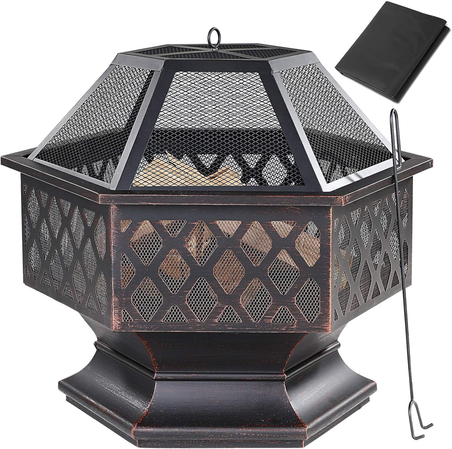 GARDEBRUK® Feuerschale mit Funkenschutz Schürhaken Abdeckung 70cm Eckig Antik Schwarz Terrasse Garten Feuerstelle Feuerkorb Kamin Ofen Holz Grill