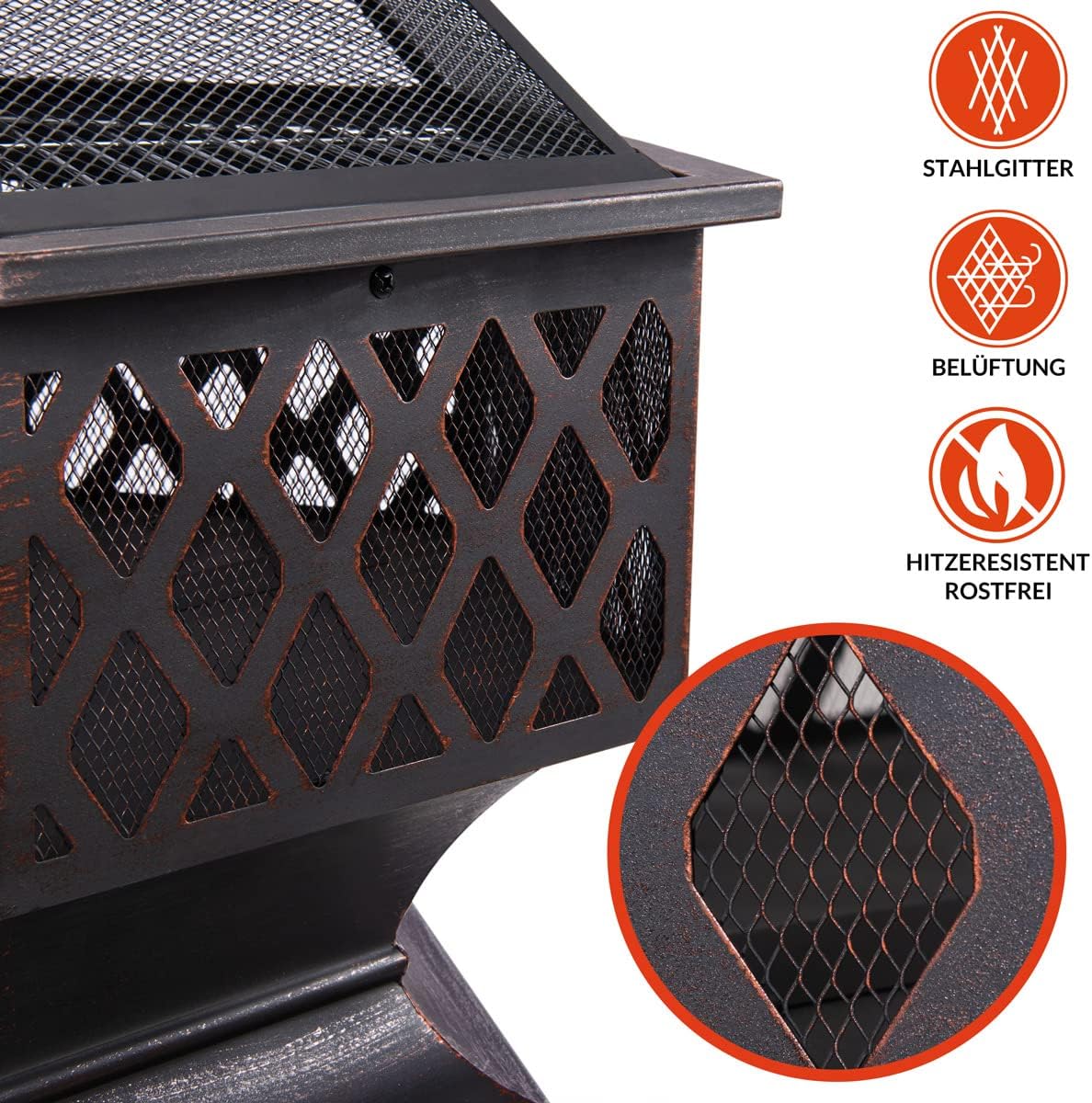GARDEBRUK® Feuerschale mit Funkenschutz Schürhaken Abdeckung 70cm Eckig Antik Schwarz Terrasse Garten Feuerstelle Feuerkorb Kamin Ofen Holz Grill — Ansicht 4