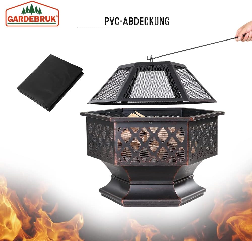 GARDEBRUK® Feuerschale mit Funkenschutz Schürhaken Abdeckung 70cm Eckig Antik Schwarz Terrasse Garten Feuerstelle Feuerkorb Kamin Ofen Holz Grill — Ansicht 6