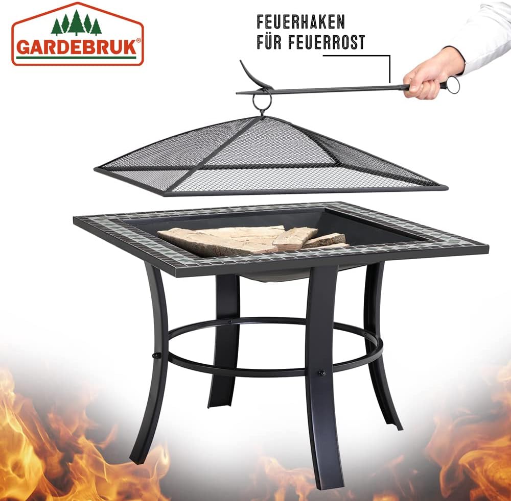GARDEBRUK® Feuerschale Runedak mit Funkenschutz Schürhaken Feuerrost Abdeckung 76x76cm Eckig Mosaik Feuerstelle Feuerkorb Kamin Ofen Garten Terrasse — Ansicht 4