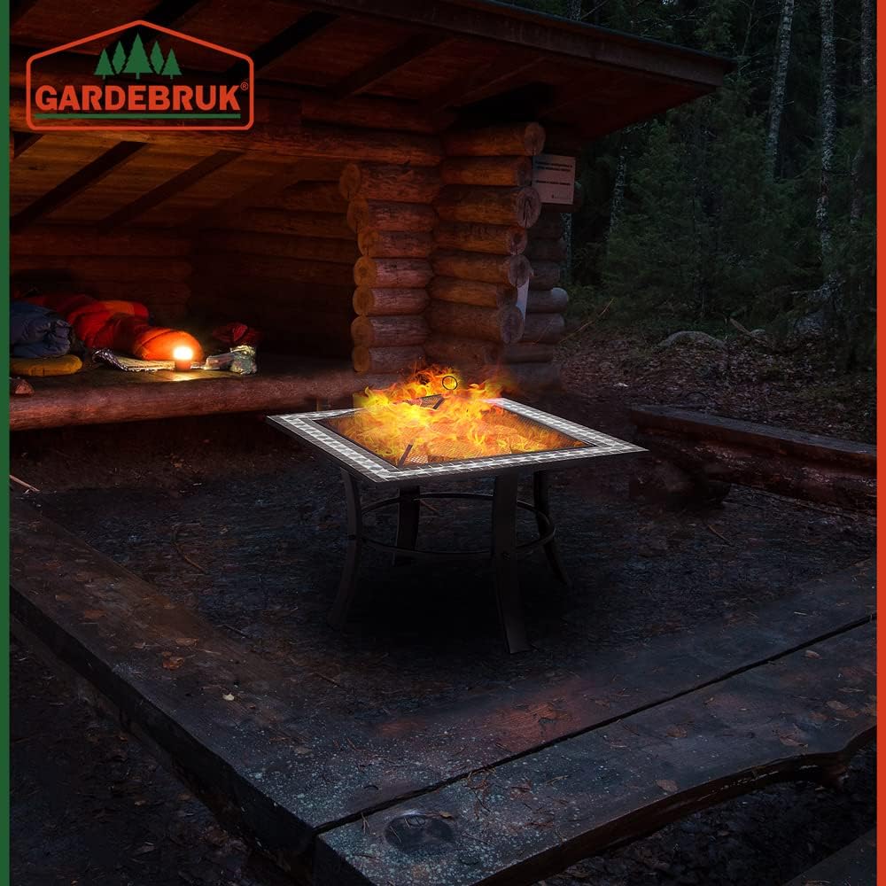 GARDEBRUK® Feuerschale Runedak mit Funkenschutz Schürhaken Feuerrost Abdeckung 76x76cm Eckig Mosaik Feuerstelle Feuerkorb Kamin Ofen Garten Terrasse — Ansicht 5