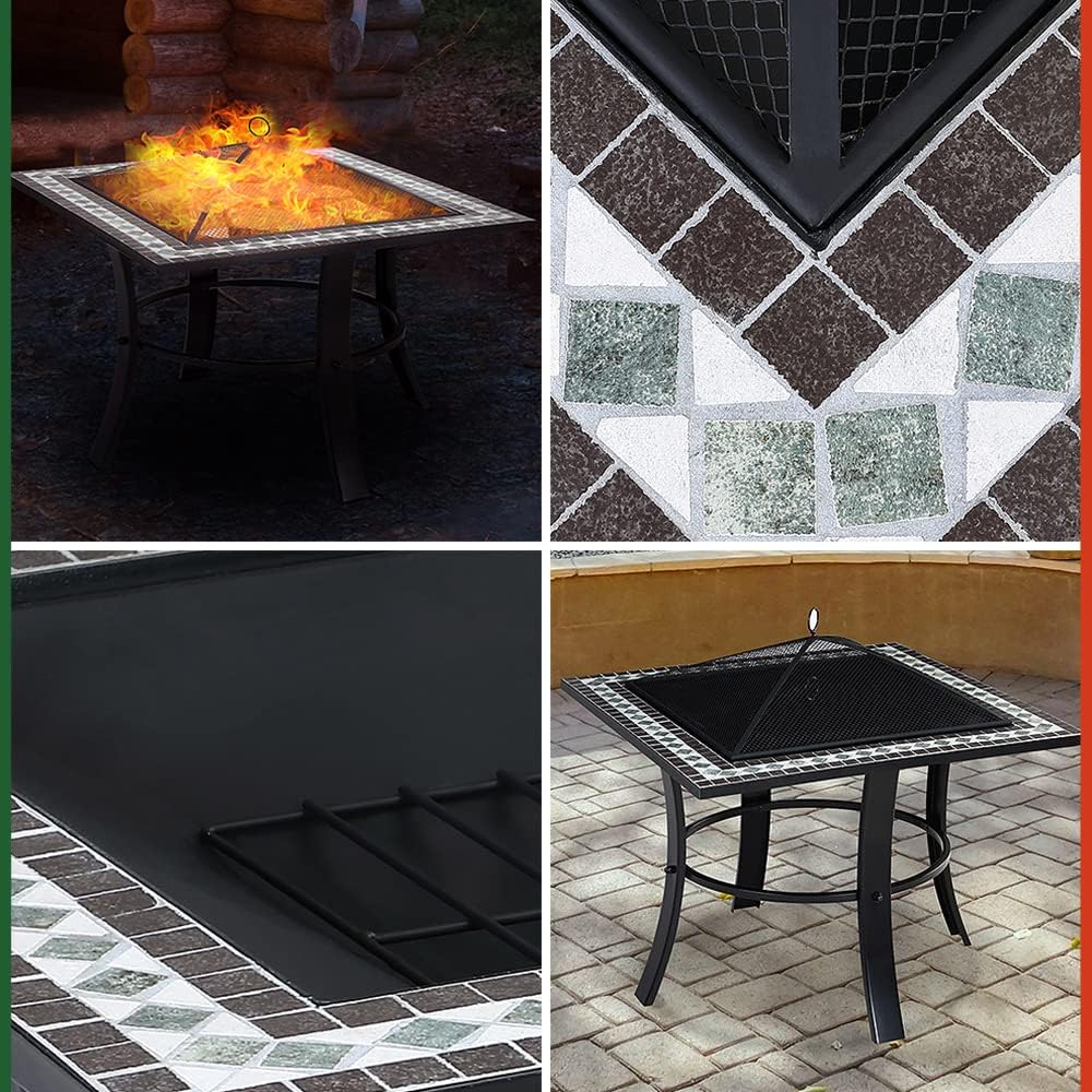 GARDEBRUK® Feuerschale Runedak mit Funkenschutz Schürhaken Feuerrost Abdeckung 76x76cm Eckig Mosaik Feuerstelle Feuerkorb Kamin Ofen Garten Terrasse — Ansicht 6