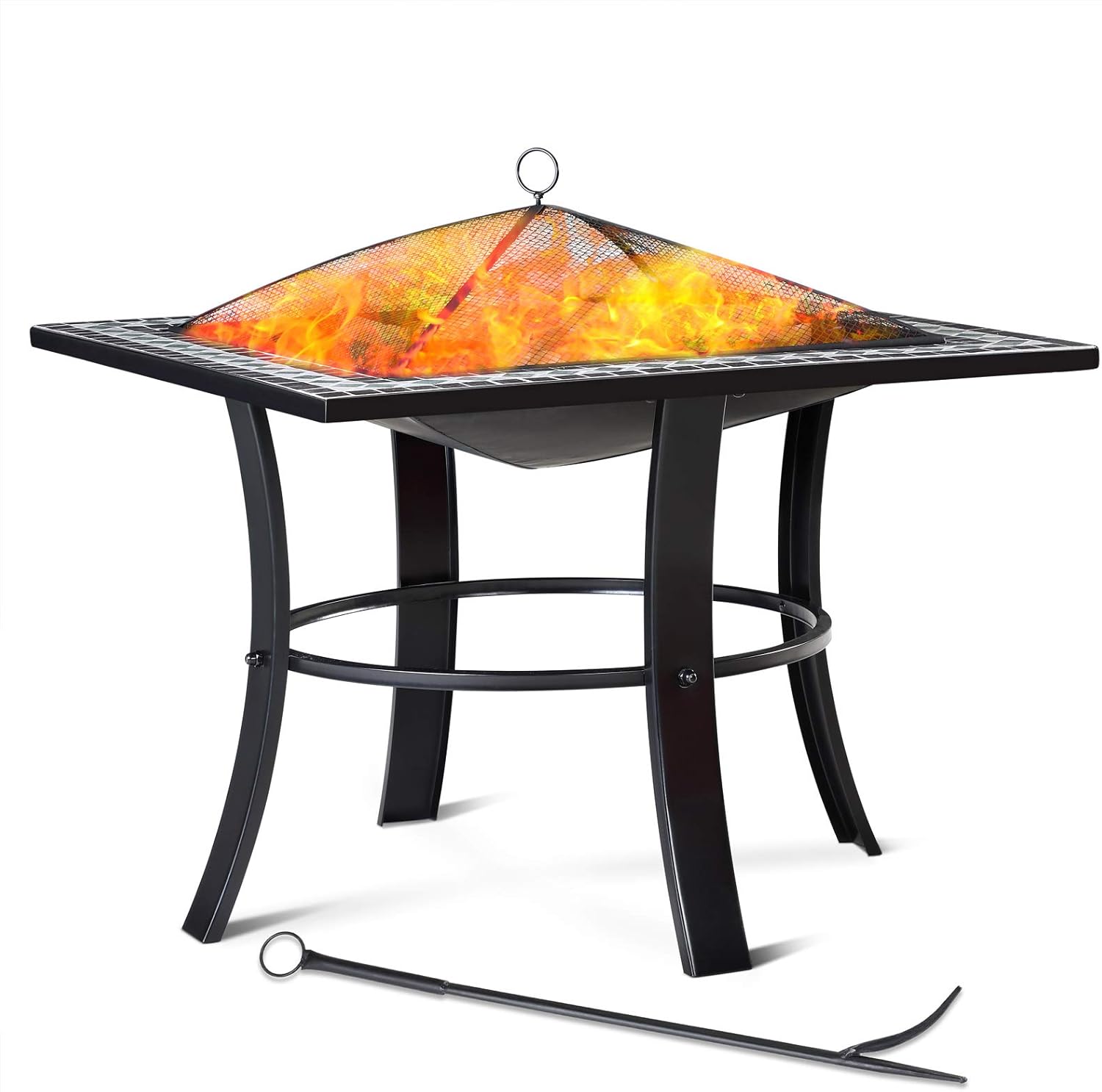 GARDEBRUK® Feuerschale Runedak mit Funkenschutz Schürhaken Feuerrost Abdeckung 76x76cm Eckig Mosaik Feuerstelle Feuerkorb Kamin Ofen Garten Terrasse
