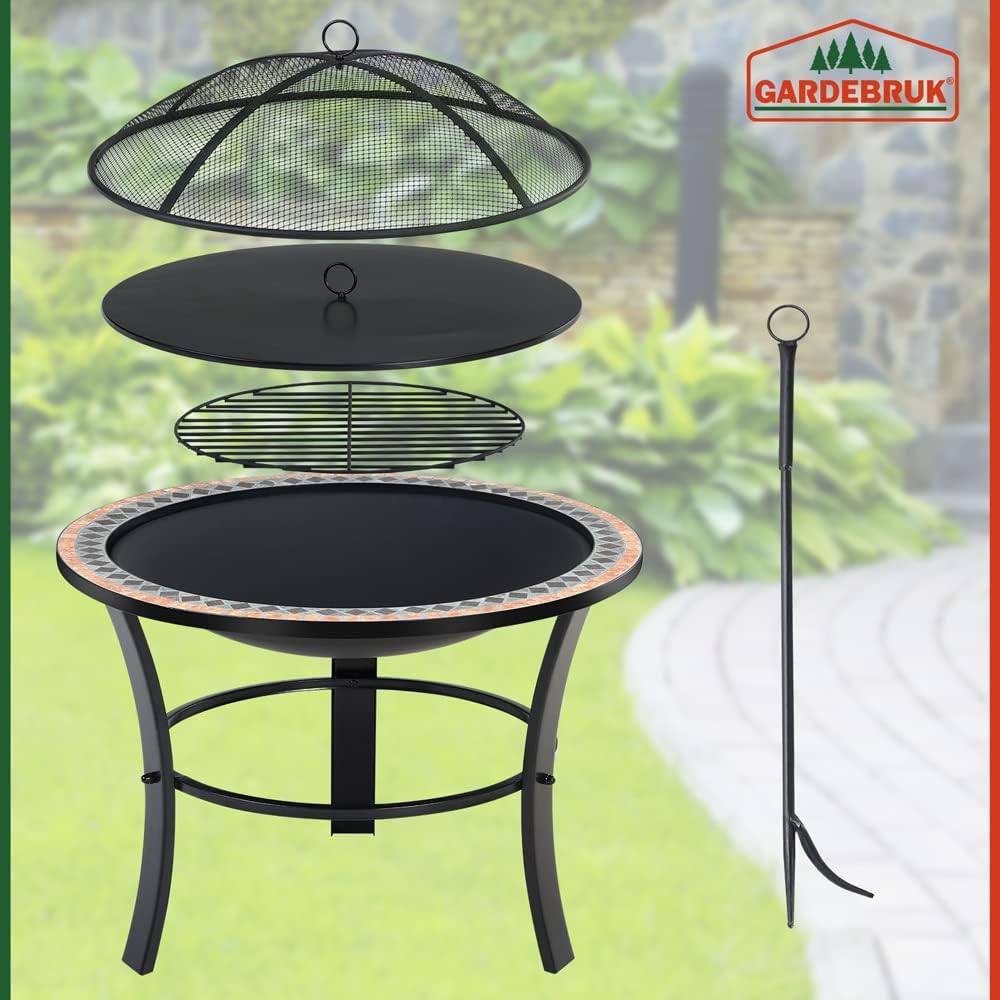 GARDEBRUK® Feuerschale Sevilla mit Funkenschutz Ø76cm Schürhaken Abdeckung Mosaik Rund Terrasse Garten Feuerstelle Feuerkorb Kamin Ofen Holz Grill — Ansicht 2