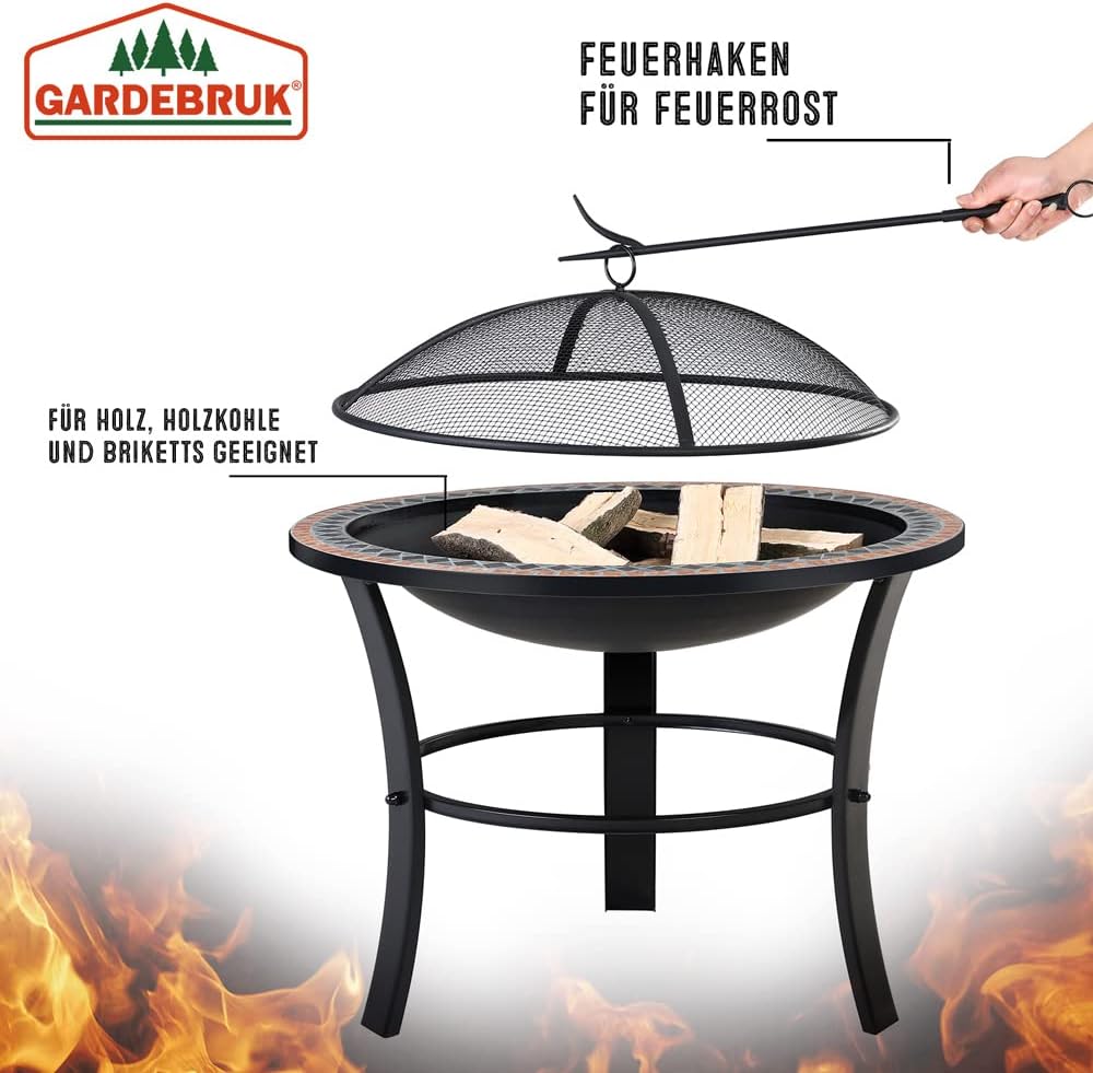 GARDEBRUK® Feuerschale Sevilla mit Funkenschutz Ø76cm Schürhaken Abdeckung Mosaik Rund Terrasse Garten Feuerstelle Feuerkorb Kamin Ofen Holz Grill — Ansicht 4