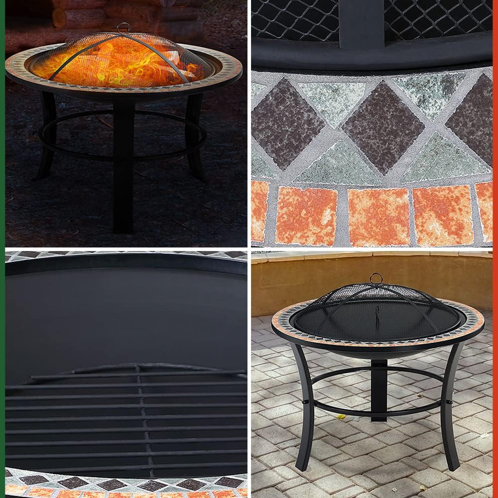 GARDEBRUK® Feuerschale Sevilla mit Funkenschutz Ø76cm Schürhaken Abdeckung Mosaik Rund Terrasse Garten Feuerstelle Feuerkorb Kamin Ofen Holz Grill — Ansicht 5