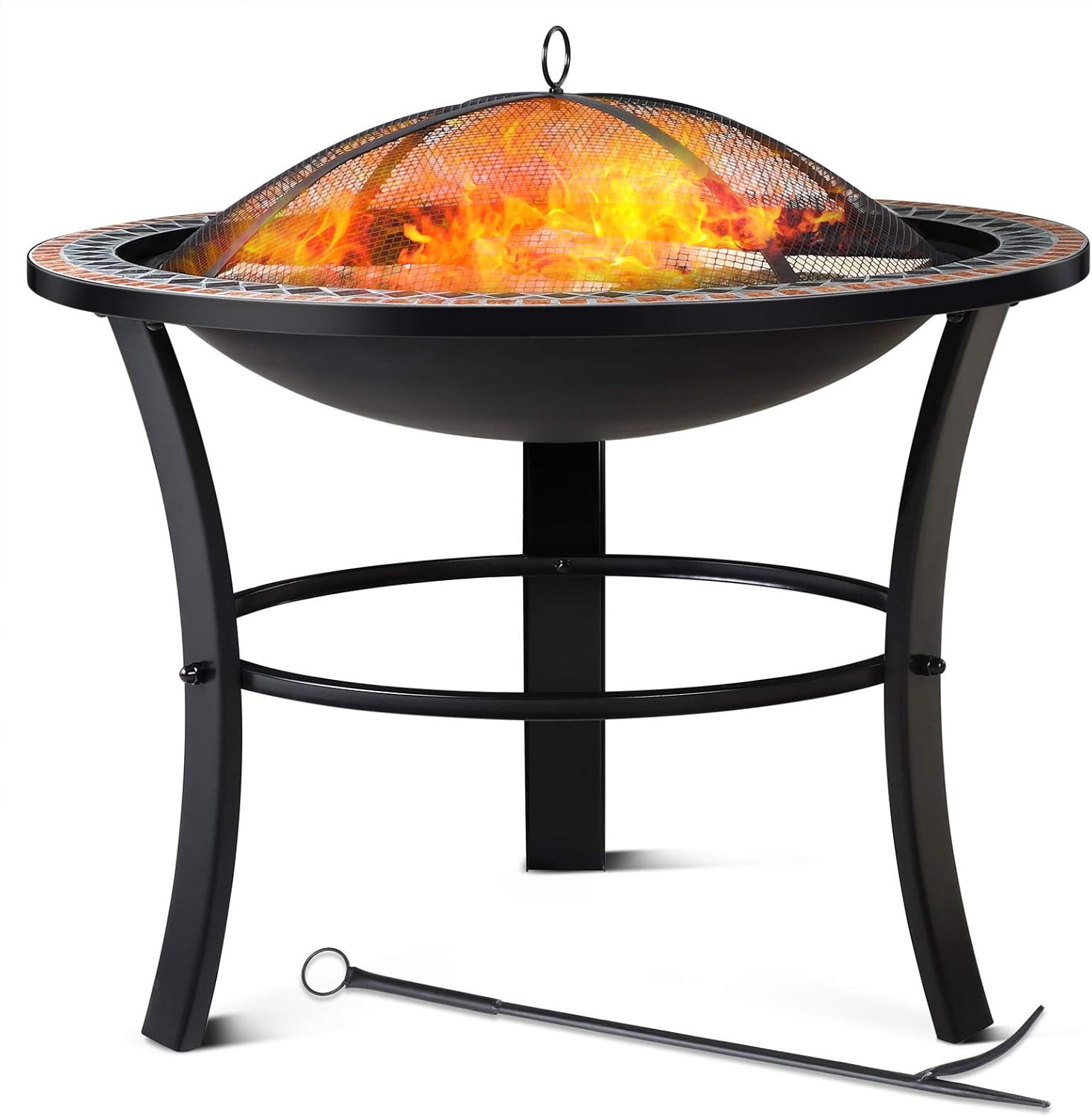 GARDEBRUK® Feuerschale Sevilla mit Funkenschutz Ø76cm Schürhaken Abdeckung Mosaik Rund Terrasse Garten Feuerstelle Feuerkorb Kamin Ofen Holz Grill