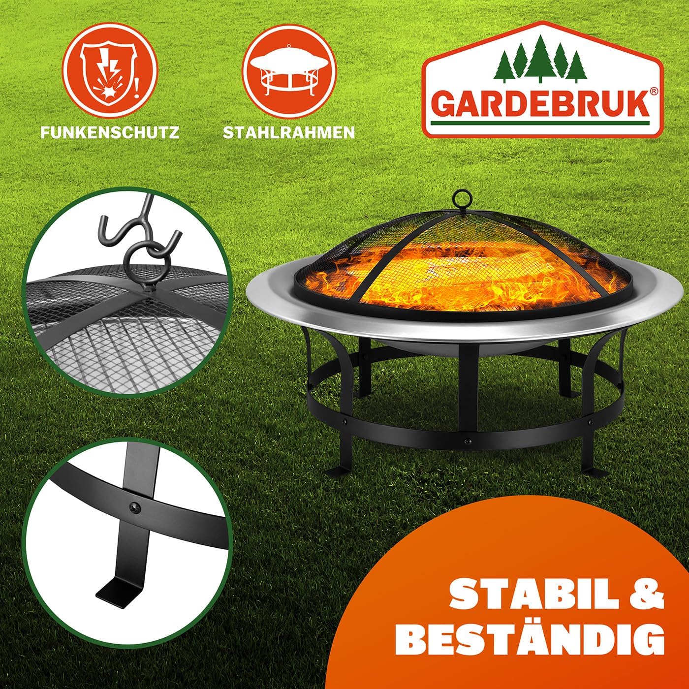 GARDEBRUK® Feuersschale für den Garten 75cm mit Funkenschutz Schürhaken Feuerkorb Edelstahl Kamin Terrassenofen Außen Feuerstelle Grill Terrasse Ofen — Ansicht 4