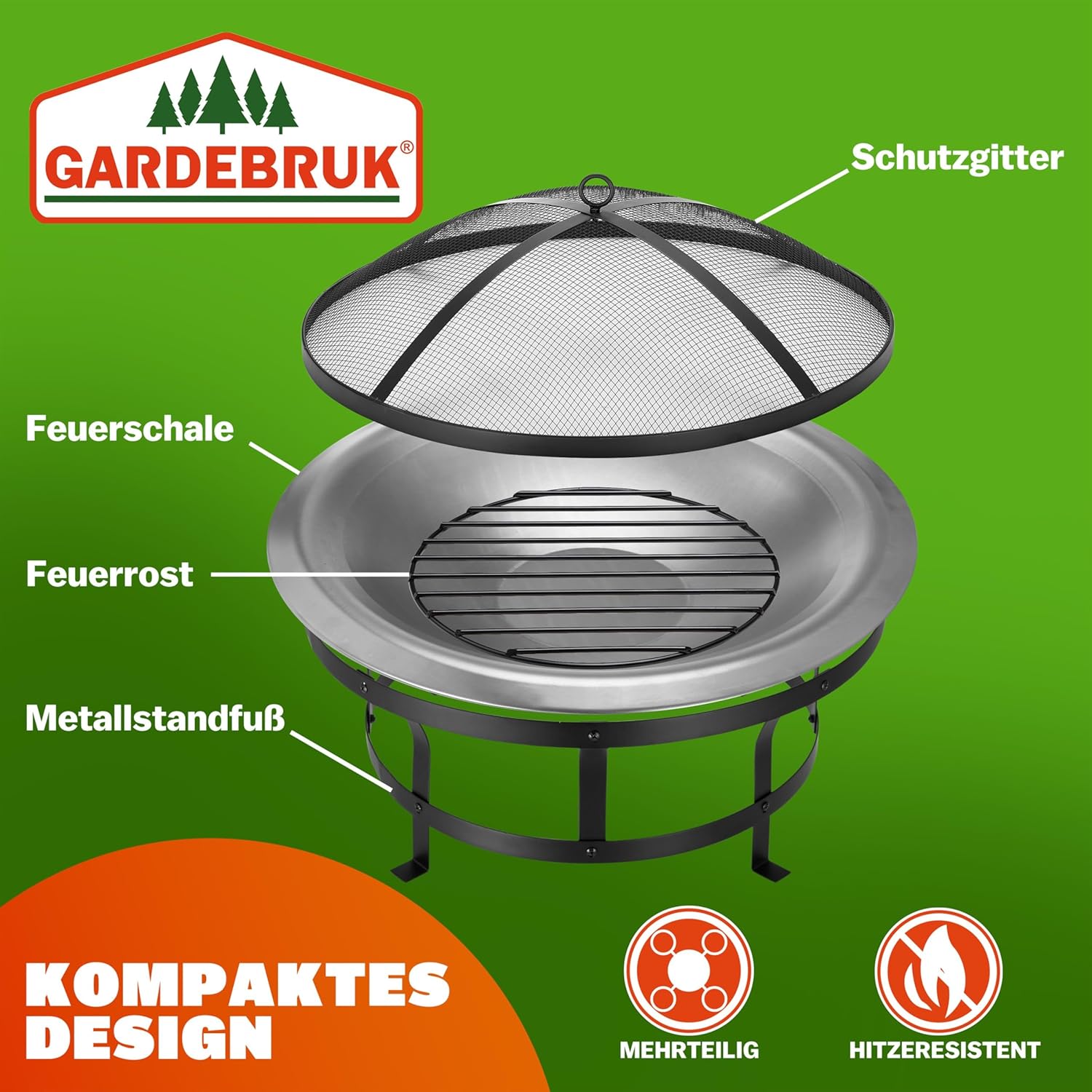 GARDEBRUK® Feuersschale für den Garten 75cm mit Funkenschutz Schürhaken Feuerkorb Edelstahl Kamin Terrassenofen Außen Feuerstelle Grill Terrasse Ofen — Ansicht 5
