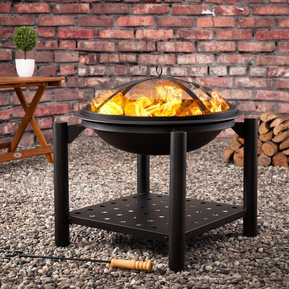 Gardebruk Feuersschale mit Funkenschutz Abdeckung Schürhaken Rund 55cm Holz Ablage Stahl Schwarz Feuerstelle Feuerkorb Garten Terrasse Kamin Grill — Ansicht 2