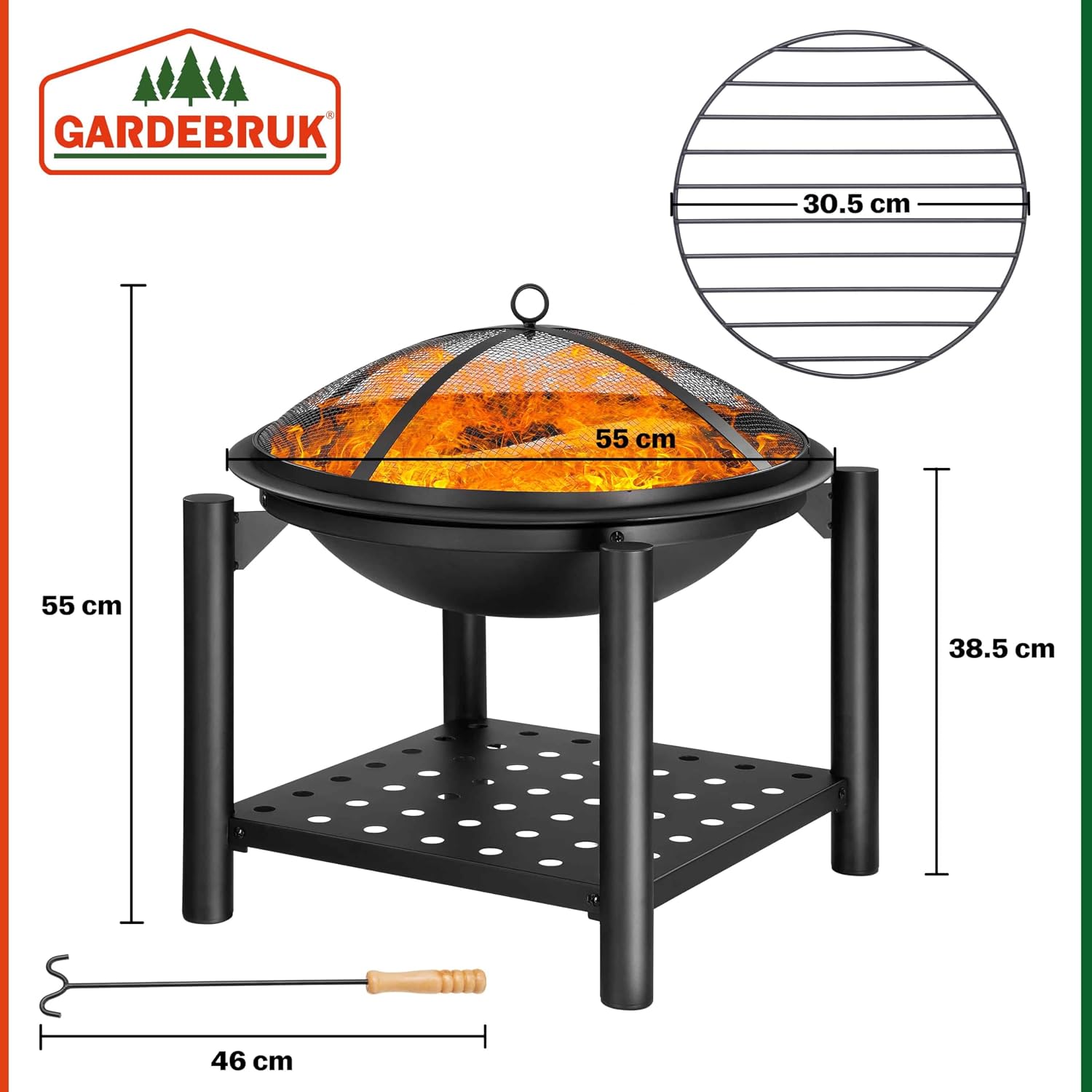 Gardebruk Feuersschale mit Funkenschutz Abdeckung Schürhaken Rund 55cm Holz Ablage Stahl Schwarz Feuerstelle Feuerkorb Garten Terrasse Kamin Grill — Ansicht 5