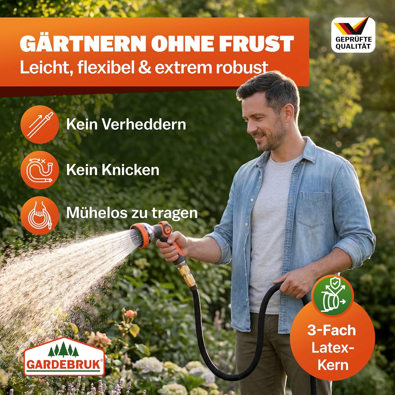 GARDEBRUK® Flexibler Gartenschlauch 22m 3fach Latexkern Vollmessing Adapter 1/2' 3/4' Zoll Wandhalterung Tasche Flexschlauch Wasserschlauch Schwarz — Ansicht 2