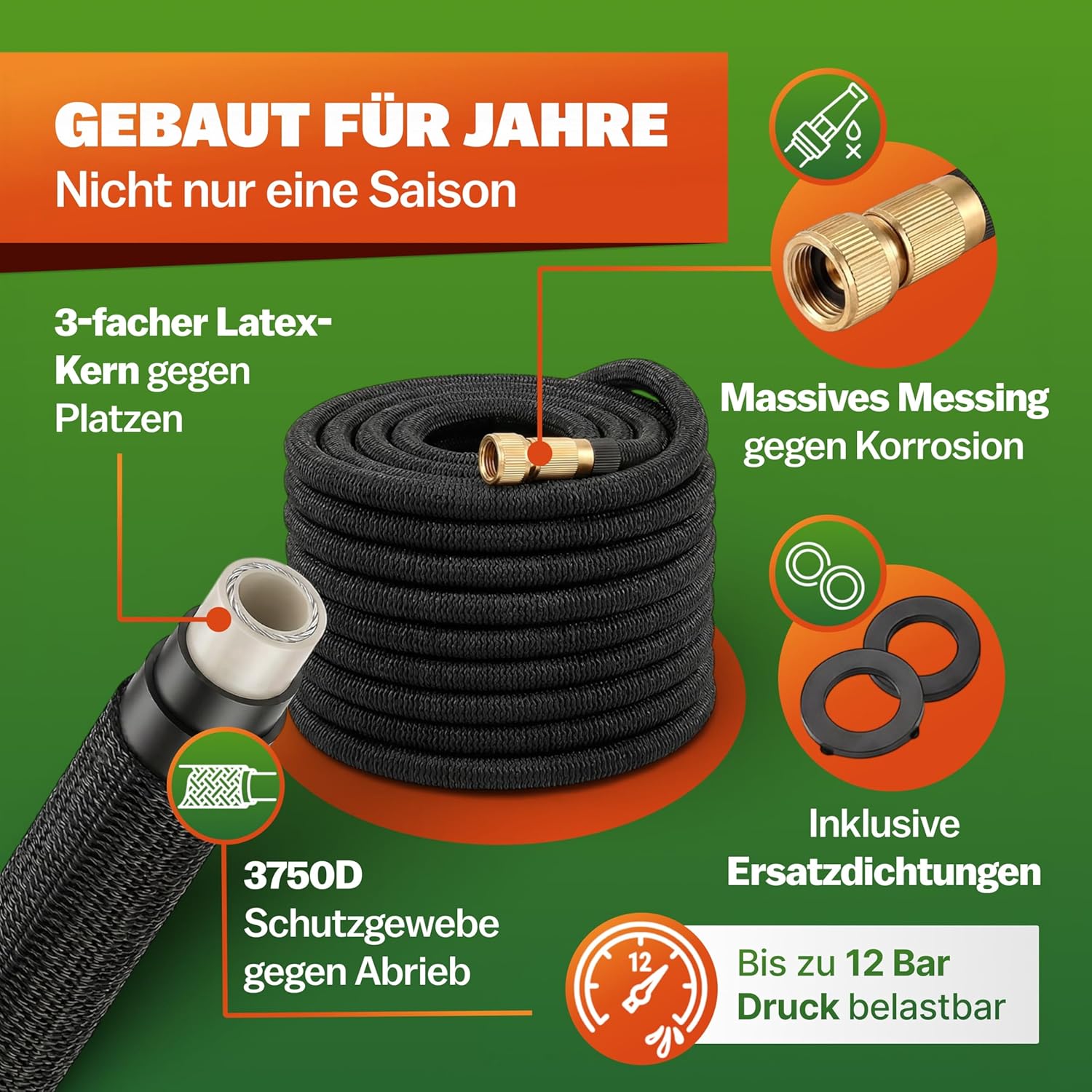 GARDEBRUK® Flexibler Gartenschlauch 22m 3fach Latexkern Vollmessing Adapter 1/2' 3/4' Zoll Wandhalterung Tasche Flexschlauch Wasserschlauch Schwarz — Ansicht 3