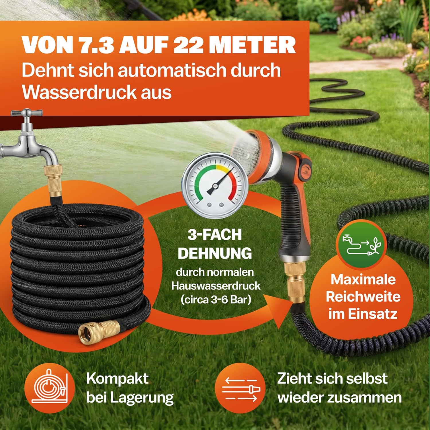 GARDEBRUK® Flexibler Gartenschlauch 22m 3fach Latexkern Vollmessing Adapter 1/2' 3/4' Zoll Wandhalterung Tasche Flexschlauch Wasserschlauch Schwarz — Ansicht 5