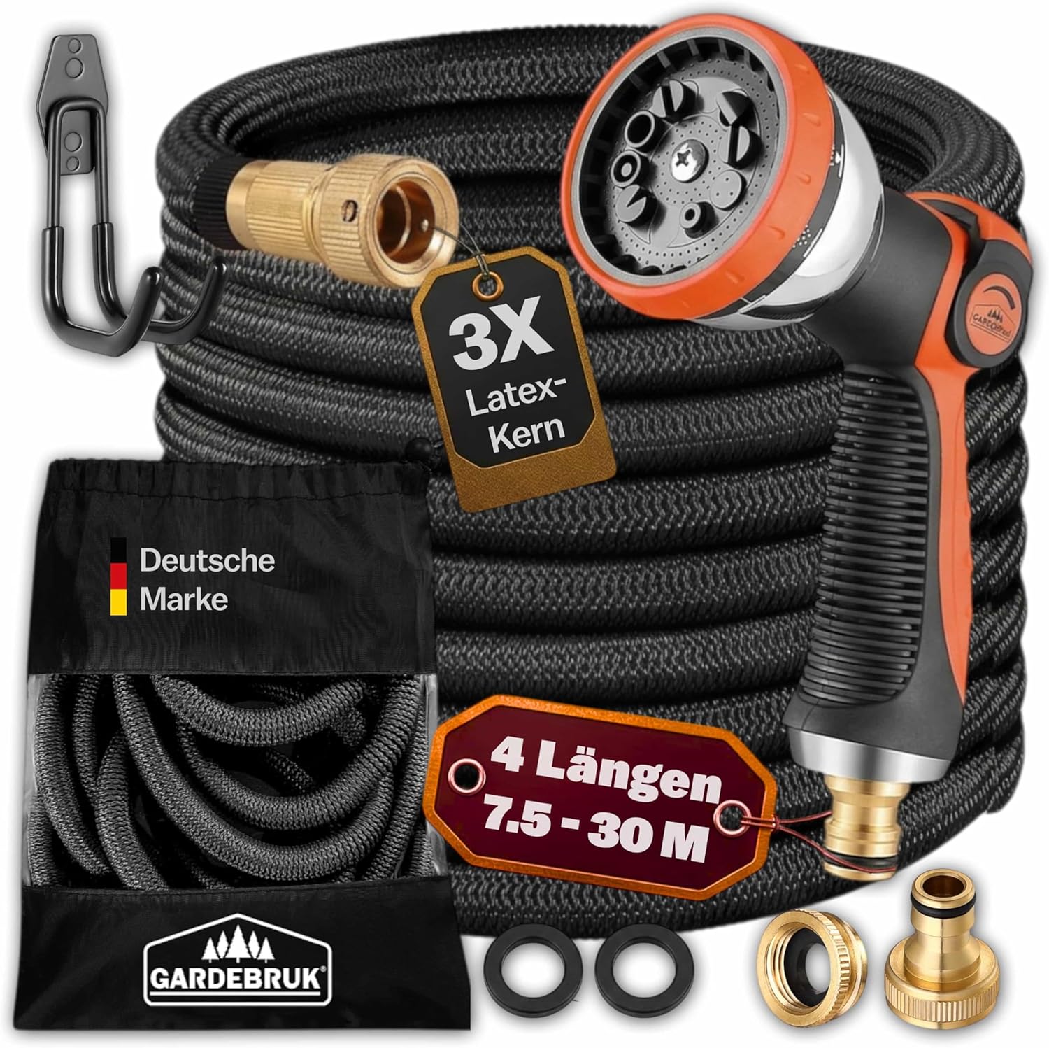 GARDEBRUK® Flexibler Gartenschlauch 22m 3fach Latexkern Vollmessing Adapter 1/2' 3/4' Zoll Wandhalterung Tasche Flexschlauch Wasserschlauch Schwarz