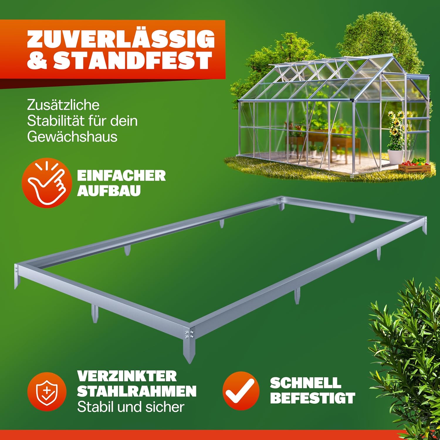 GARDEBRUK® Fundament für Gewächshaus 380x190cm Stahl verzinkt Sockel Stahlfundament Treibhaus Rahmen inkl. Montagematerial Bodenverankerung — Ansicht 2