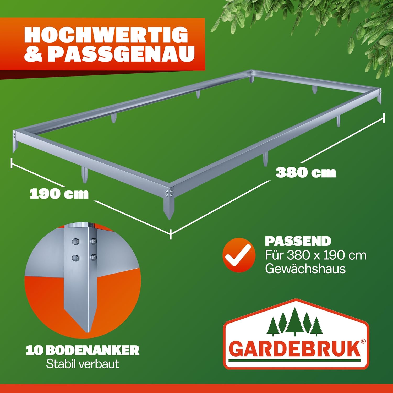 GARDEBRUK® Fundament für Gewächshaus 380x190cm Stahl verzinkt Sockel Stahlfundament Treibhaus Rahmen inkl. Montagematerial Bodenverankerung — Ansicht 3