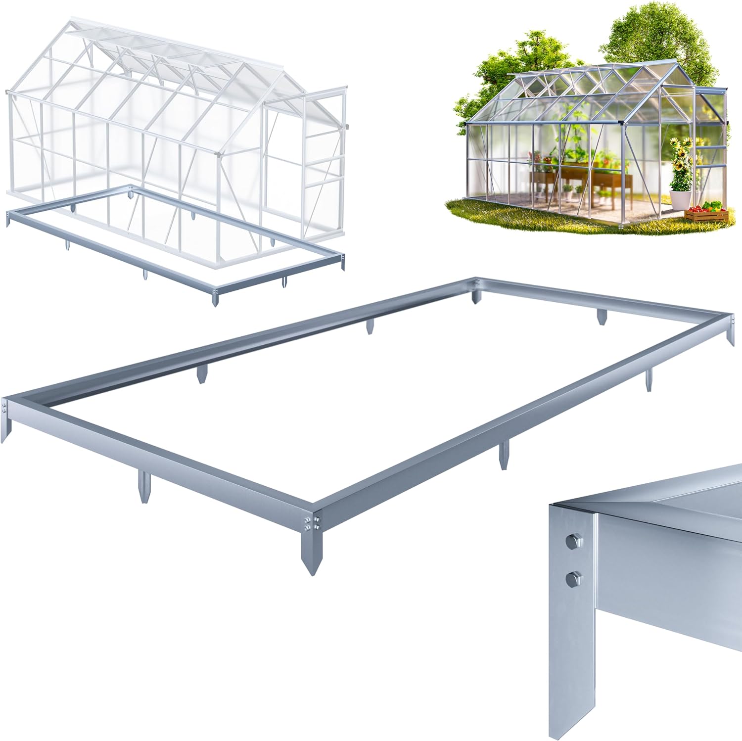 GARDEBRUK® Fundament für Gewächshaus 380x190cm Stahl verzinkt Sockel Stahlfundament Treibhaus Rahmen inkl. Montagematerial Bodenverankerung