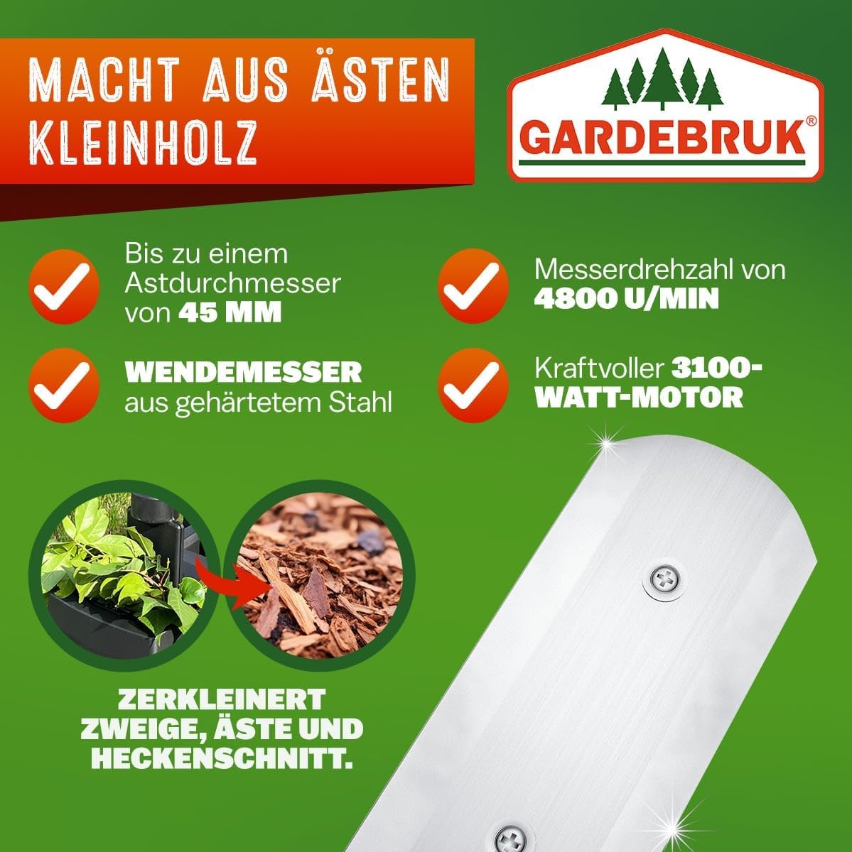GARDEBRUK® Gartenhäcksler 2400 W max. 45 mm Aststärke Elektrisch 2X 50 L Auffangbeutel Messerhäcksler Häcksler Schredder — Ansicht 6