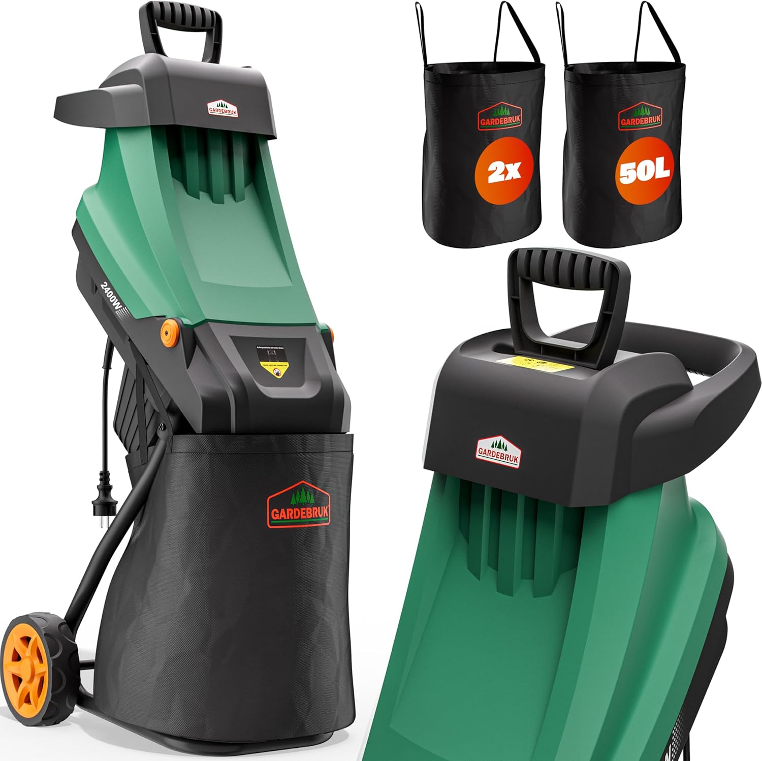 GARDEBRUK® Gartenhäcksler 2400 W max. 45 mm Aststärke Elektrisch 2X 50 L Auffangbeutel Messerhäcksler Häcksler Schredder