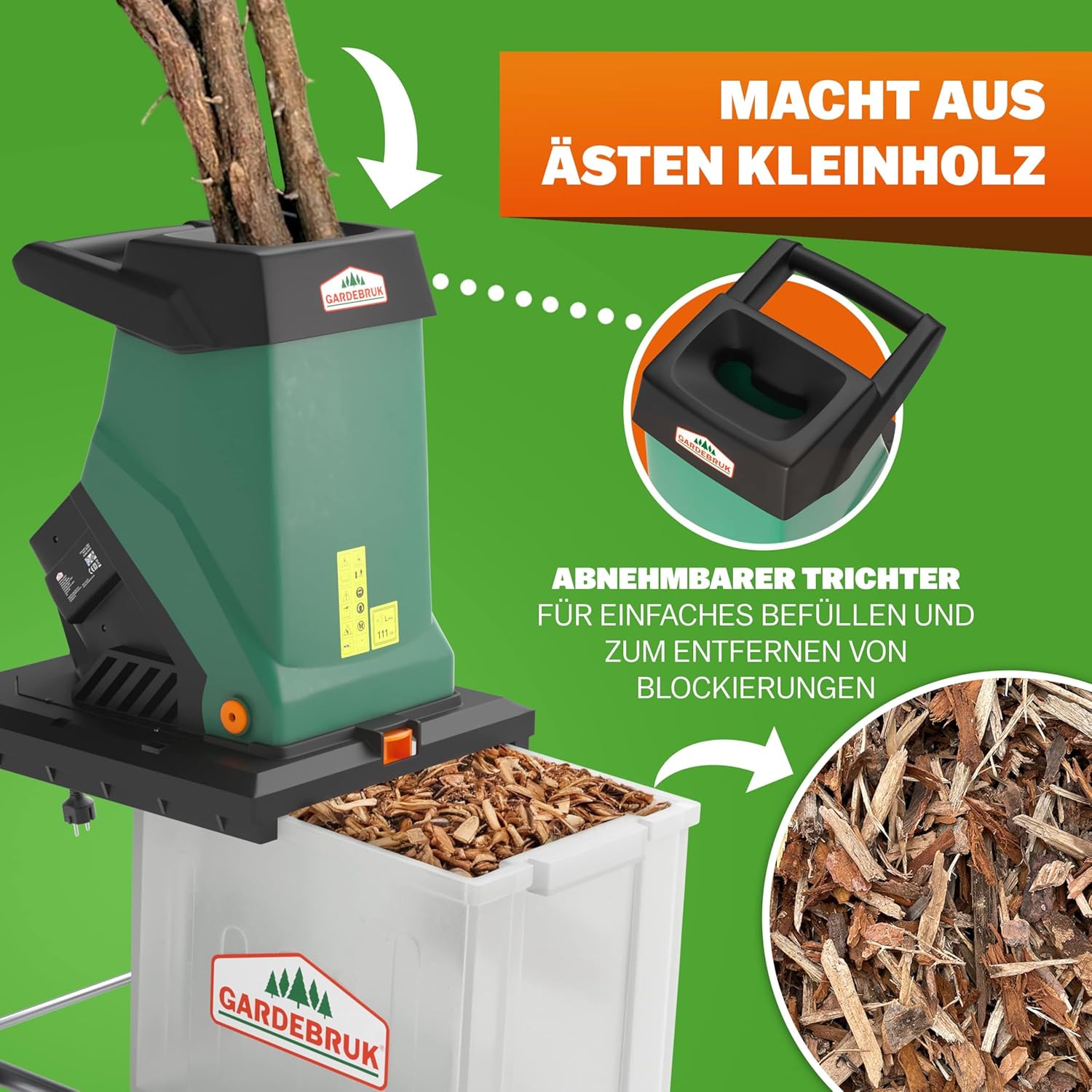 Gardebruk® Gartenhäcksler 3100 W max. 40 mm Aststärke Elektrisch 50 L Robuste Auffangbox Messerhäcksler Schredder Holz — Ansicht 3
