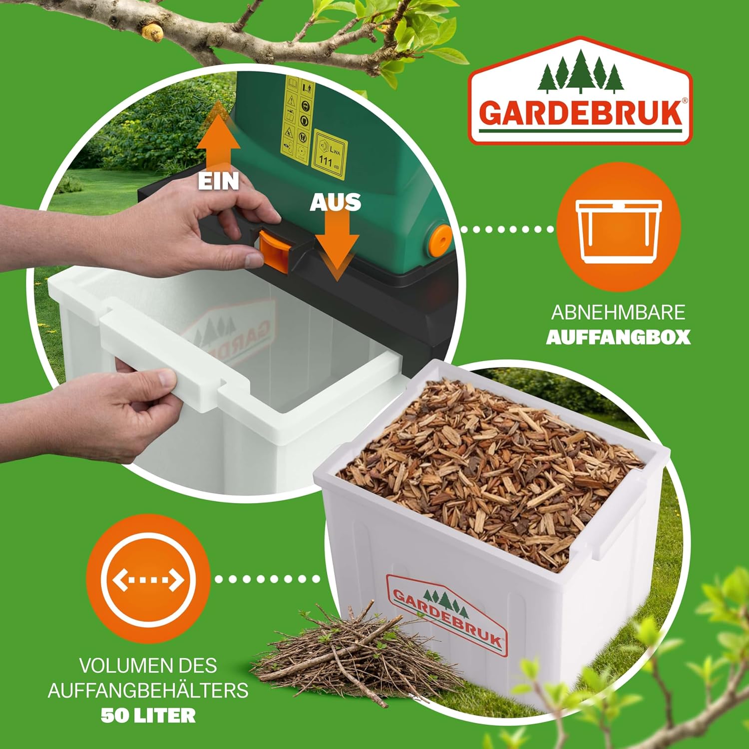 Gardebruk® Gartenhäcksler 3100 W max. 40 mm Aststärke Elektrisch 50 L Robuste Auffangbox Messerhäcksler Schredder Holz — Ansicht 5